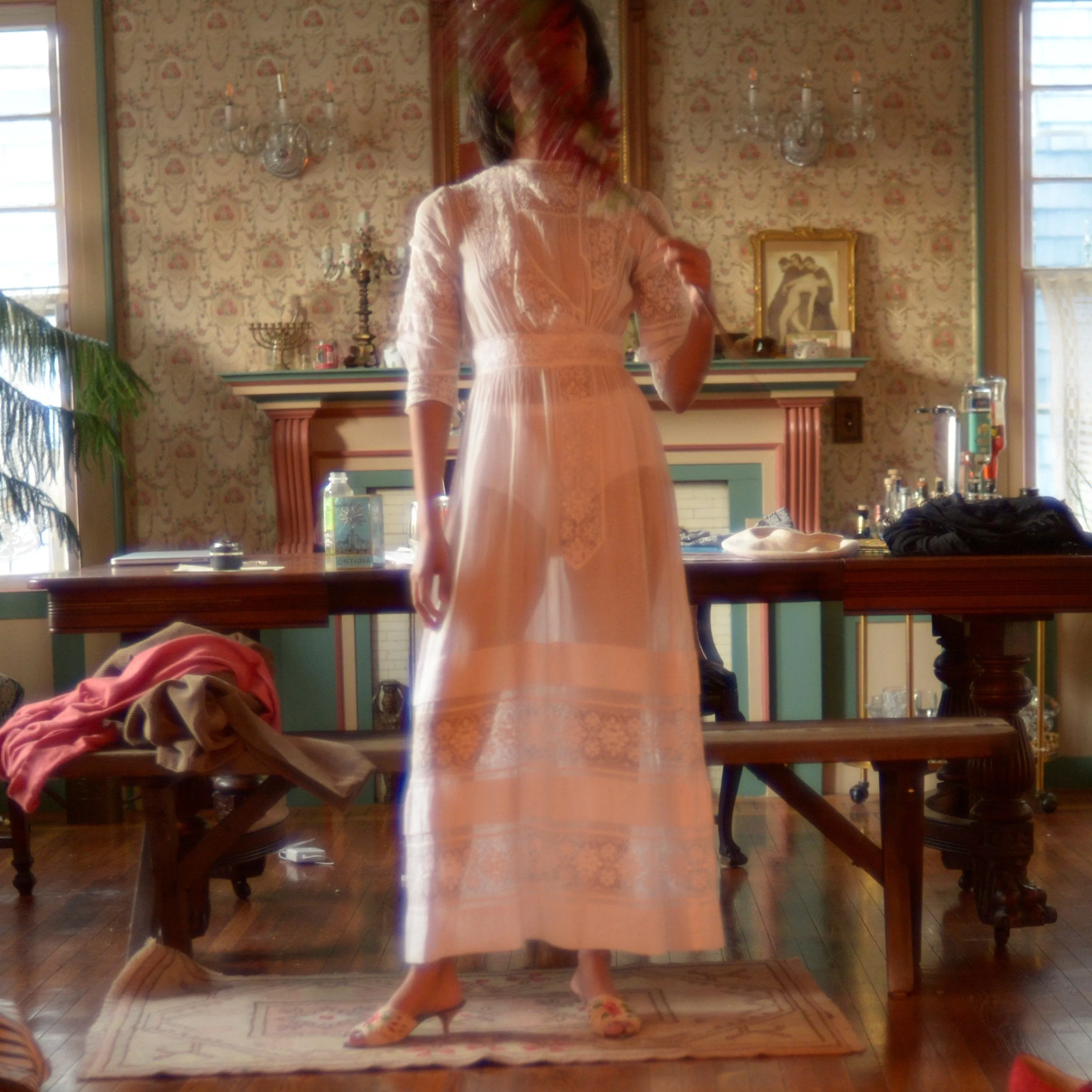 Antique Edwardian sheer cotton and fillet lace lawn dress // x-small, small