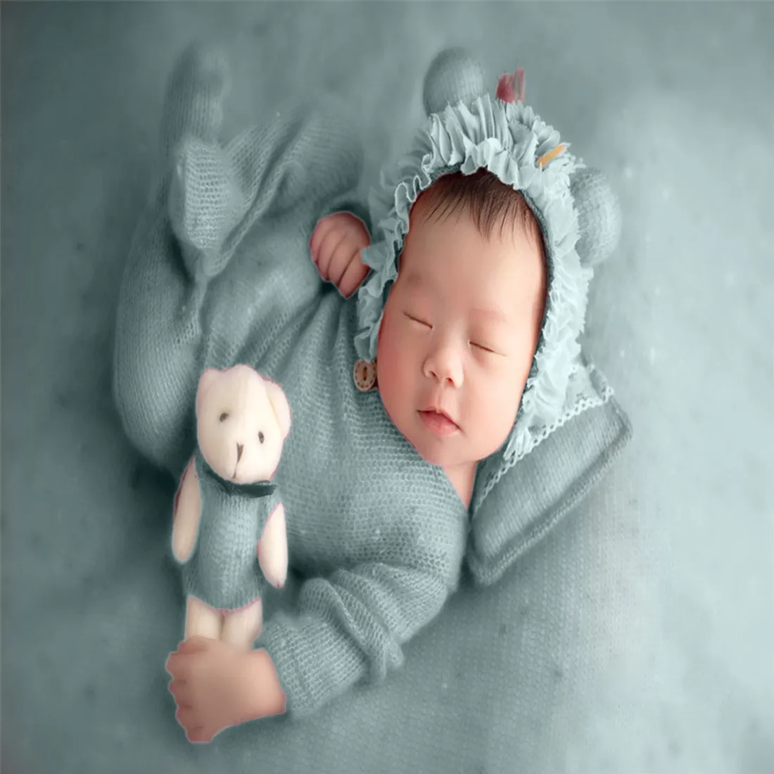 Babymoon | Set Of 4 | Romper, Pillow, Bear & Hat | Costume | Baby Photography Props | Blue