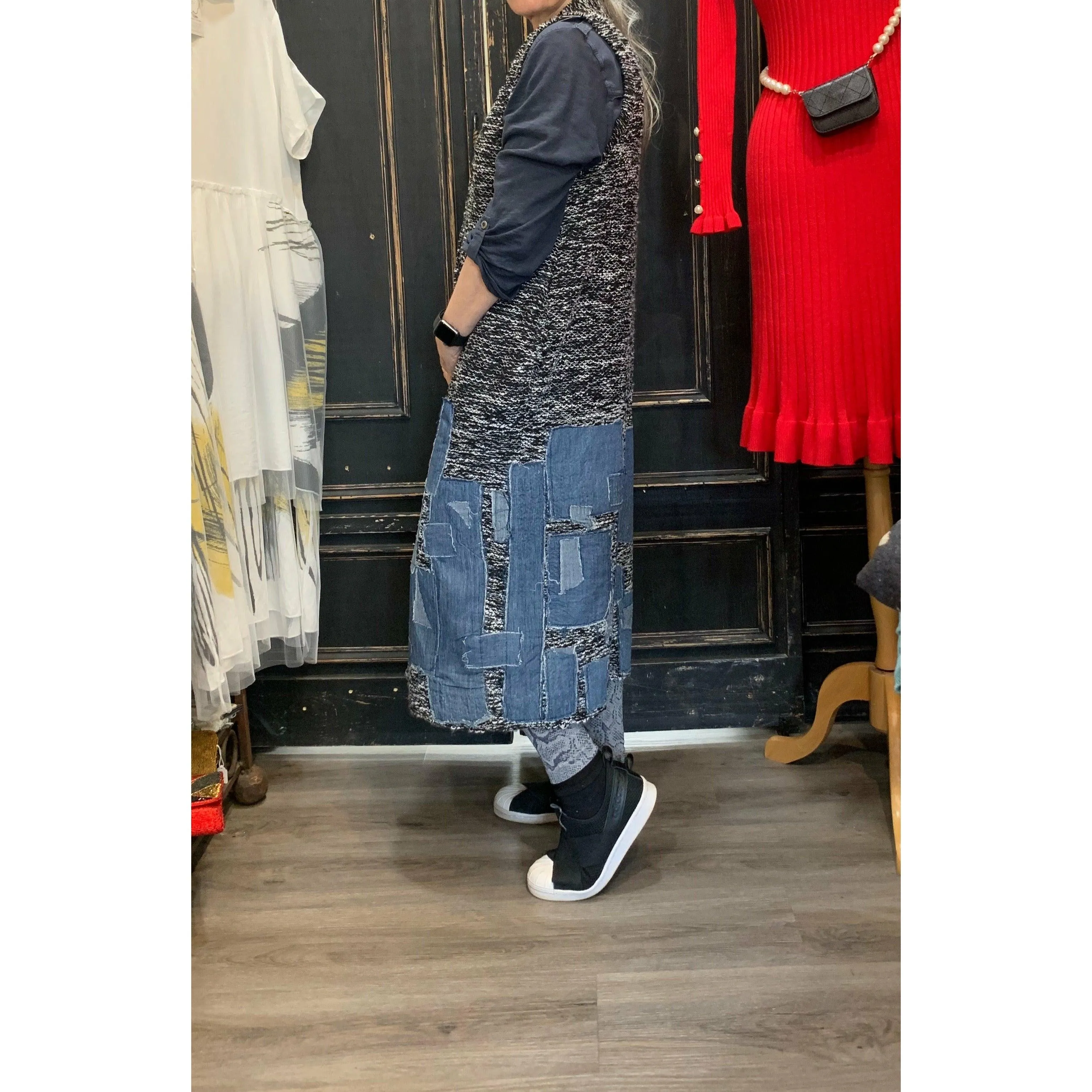 Black and White Cardigan Duster with Appliquéd Denim