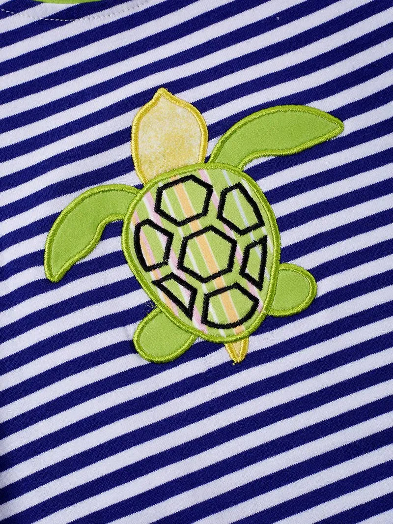 Blue Stripe Sea Turtle Applique Boy Romper