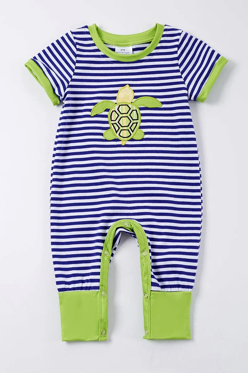 Blue Stripe Sea Turtle Applique Boy Romper