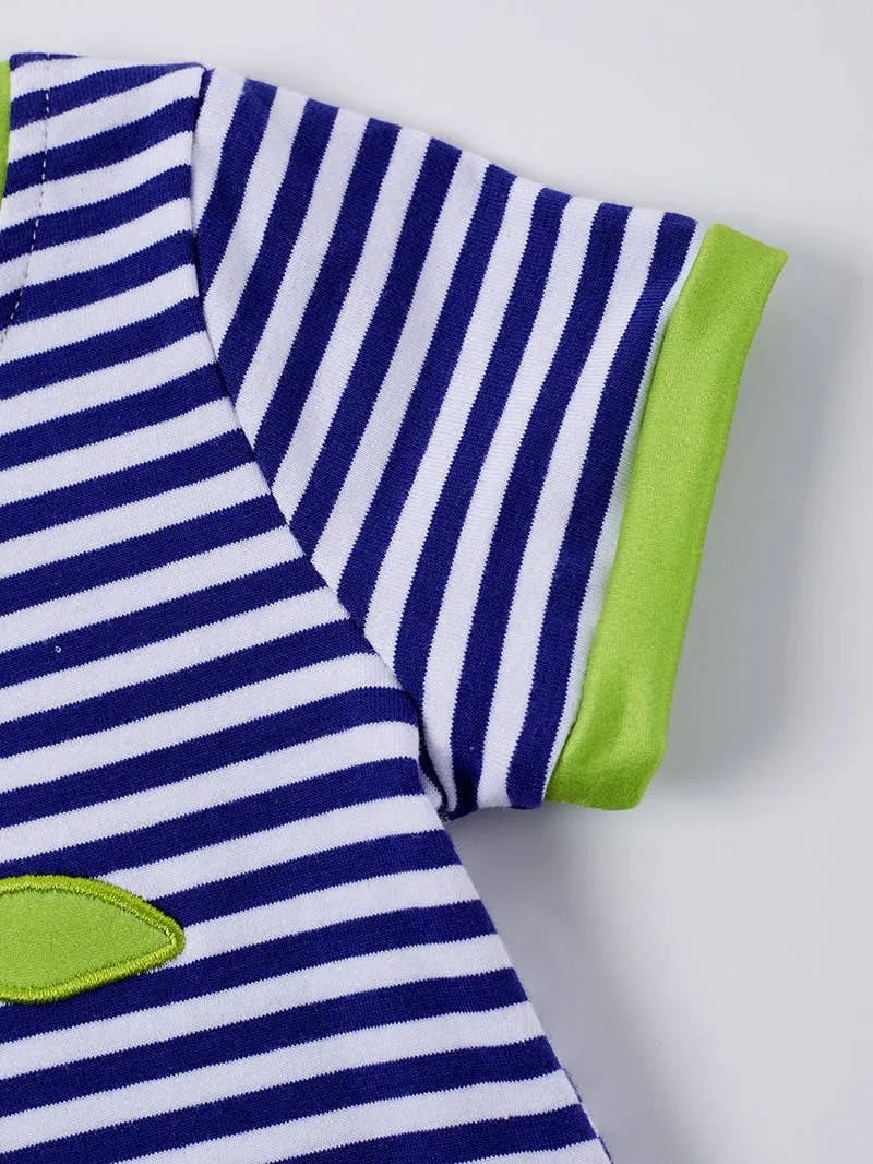 Blue Stripe Sea Turtle Applique Boy Romper