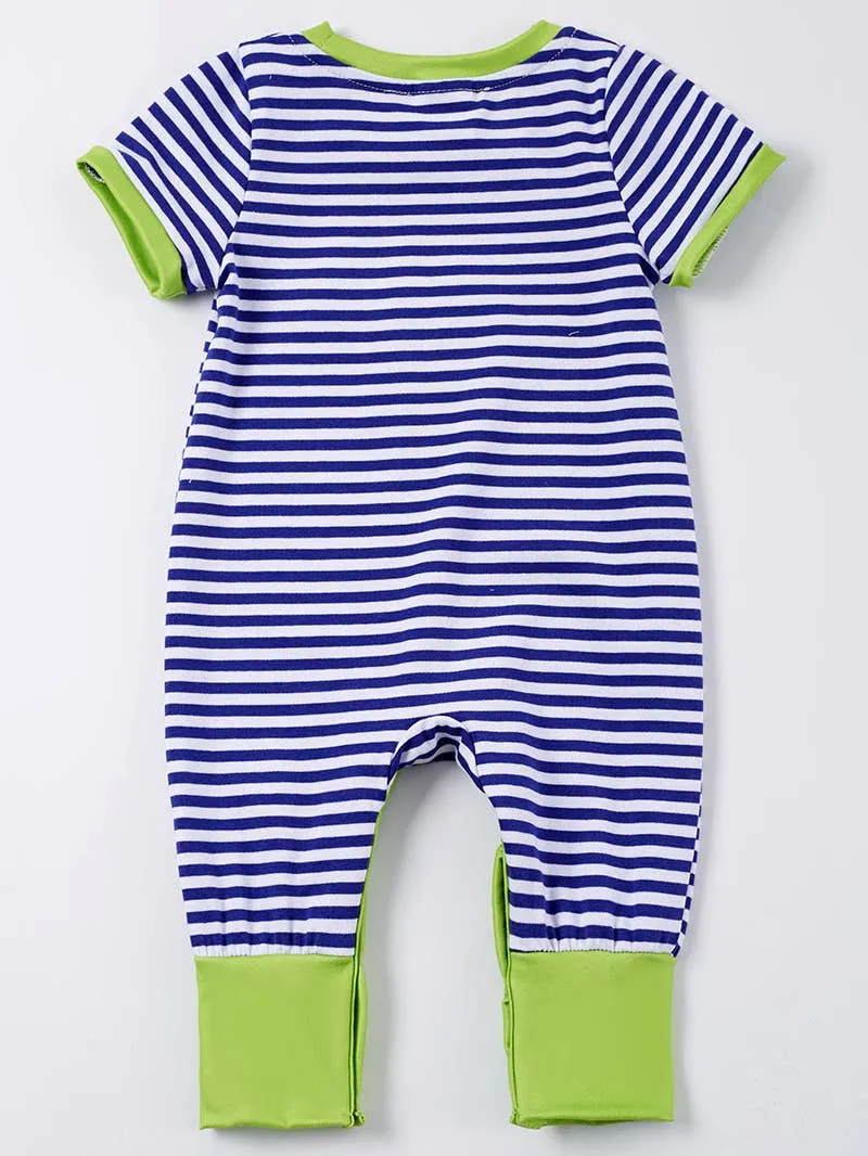 Blue Stripe Sea Turtle Applique Boy Romper