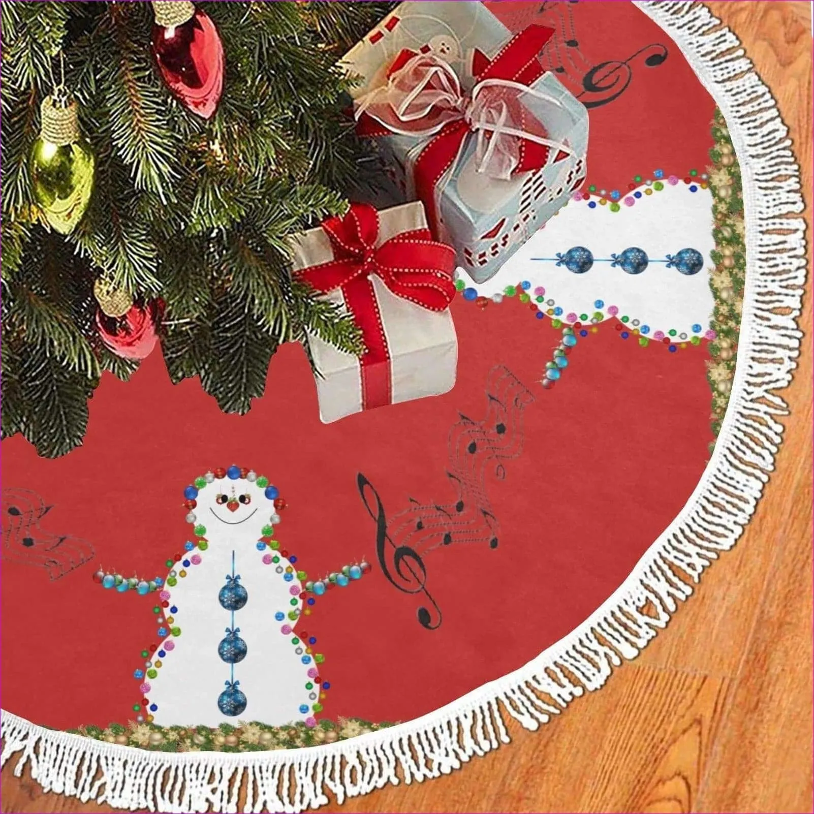 Christmas Carol & Lights Snowmen Fringe Christmas Tree Skirt