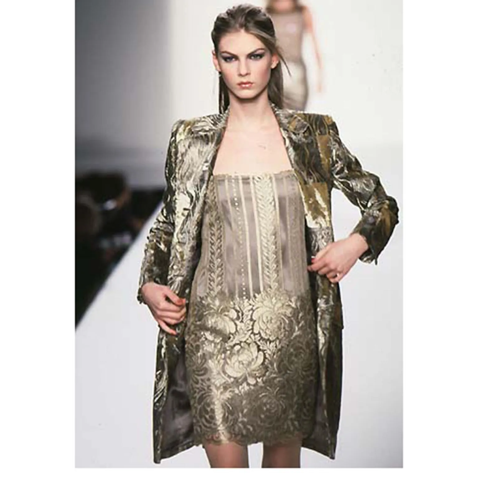 F/W 1997 Bill Blass Gold & Green Metallic Vintage Hand Painted Velvet Coat