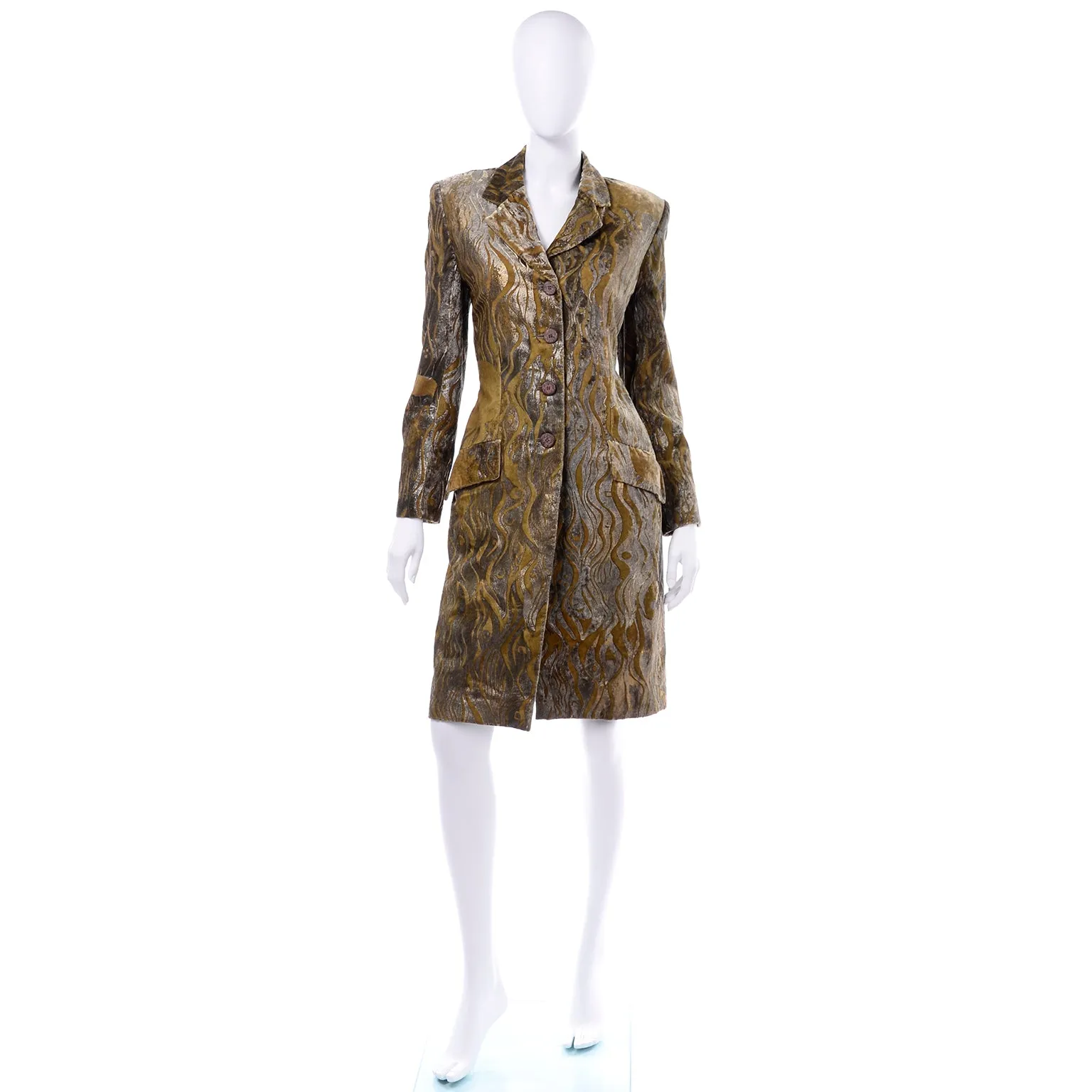 F/W 1997 Bill Blass Gold & Green Metallic Vintage Hand Painted Velvet Coat