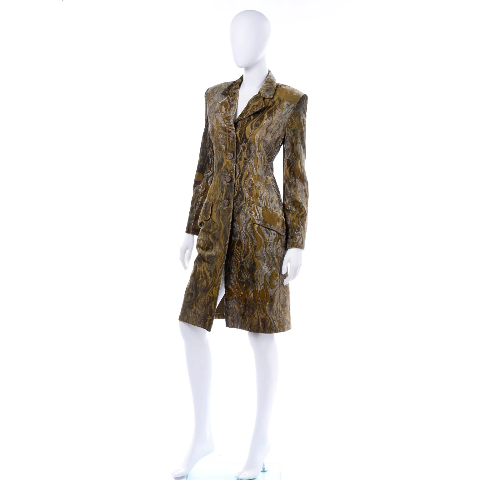 F/W 1997 Bill Blass Gold & Green Metallic Vintage Hand Painted Velvet Coat