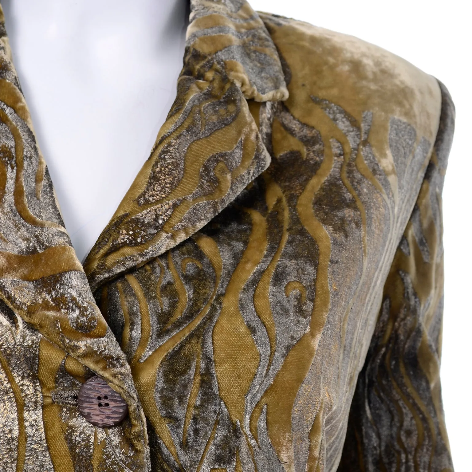 F/W 1997 Bill Blass Gold & Green Metallic Vintage Hand Painted Velvet Coat