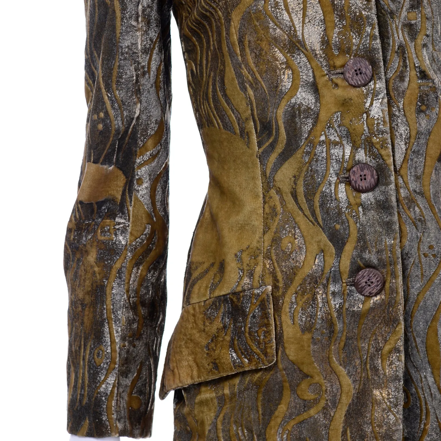 F/W 1997 Bill Blass Gold & Green Metallic Vintage Hand Painted Velvet Coat