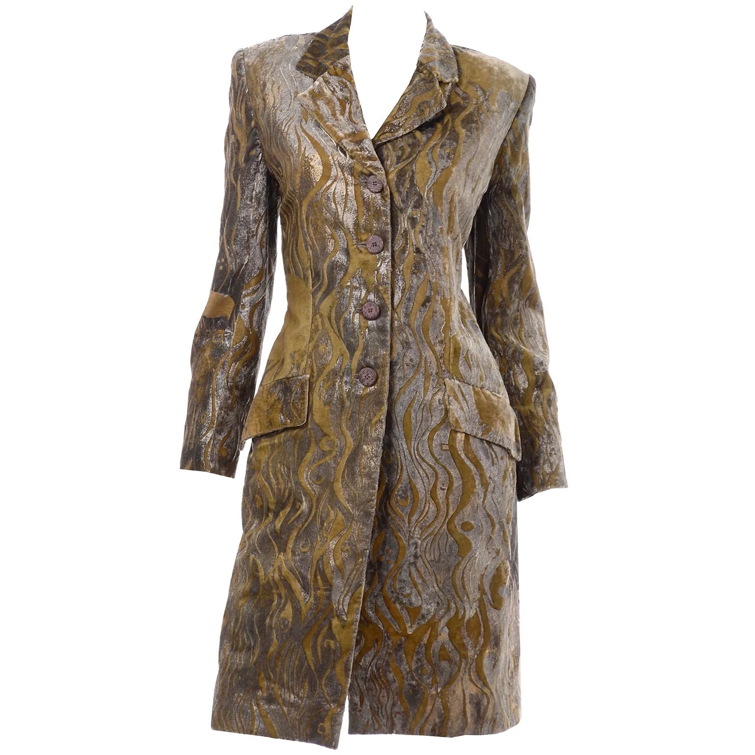 F/W 1997 Bill Blass Gold & Green Metallic Vintage Hand Painted Velvet Coat