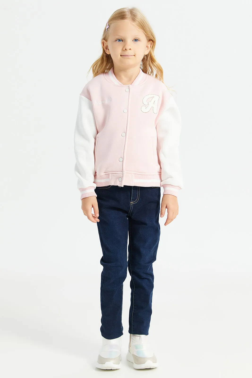 Girls Pink Romper Jacket With Embroidery
