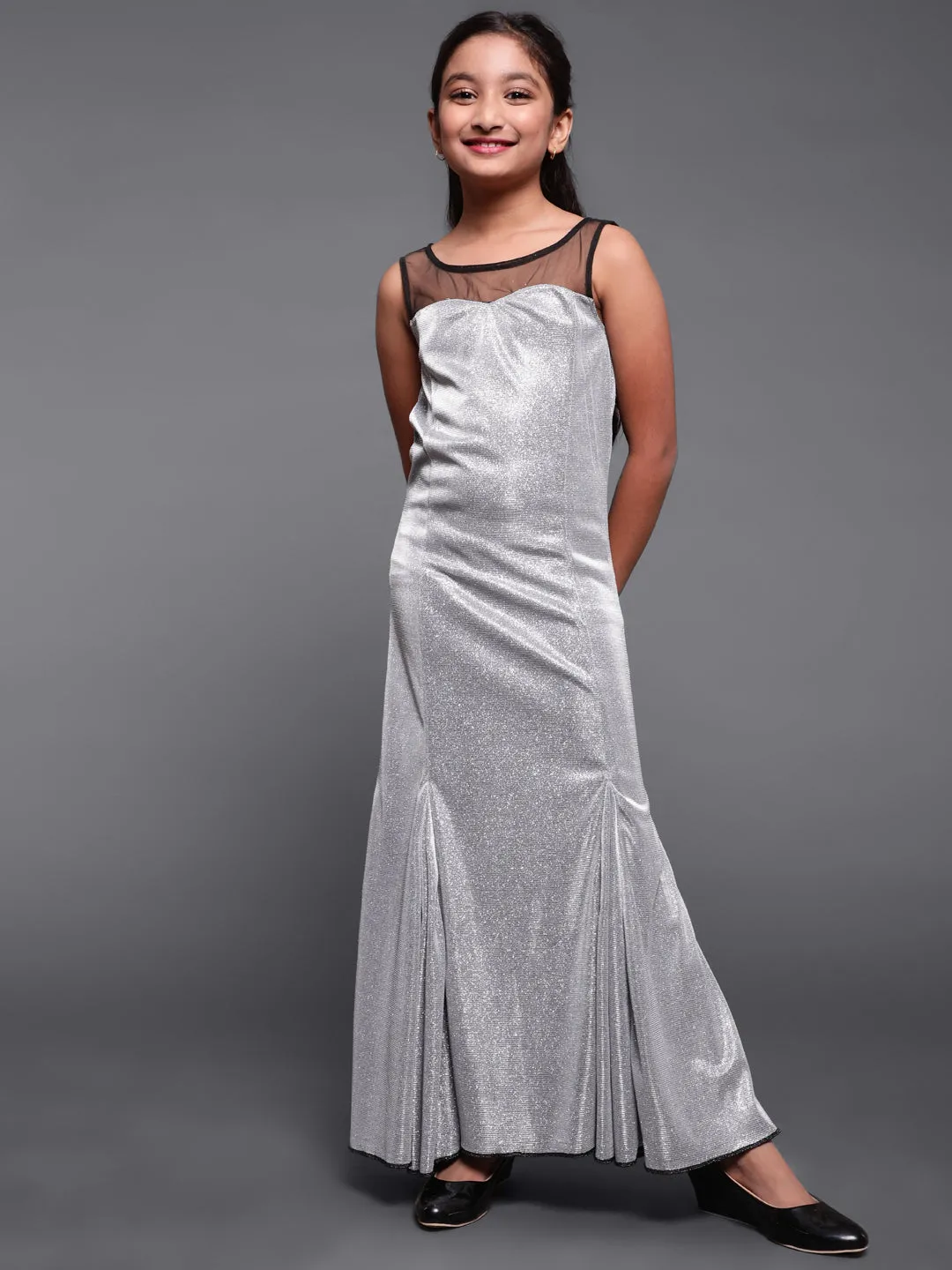 Girl's Silver & Black Embellished Lycra Flared Maxi Dress With Net Yoke - Aks Girls