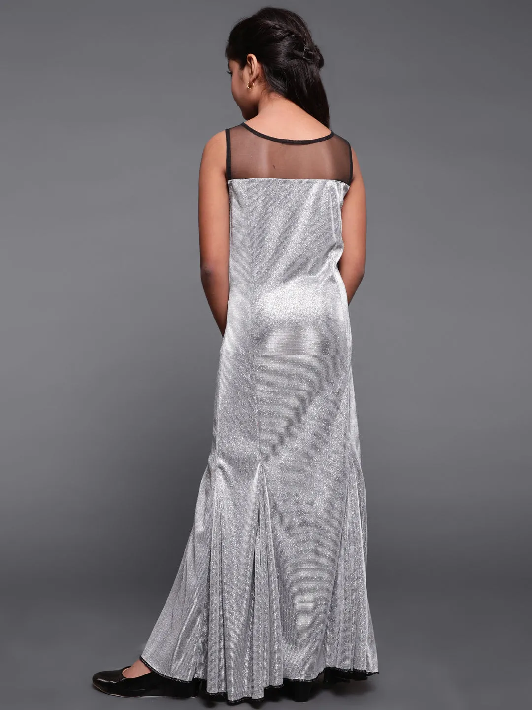 Girl's Silver & Black Embellished Lycra Flared Maxi Dress With Net Yoke - Aks Girls