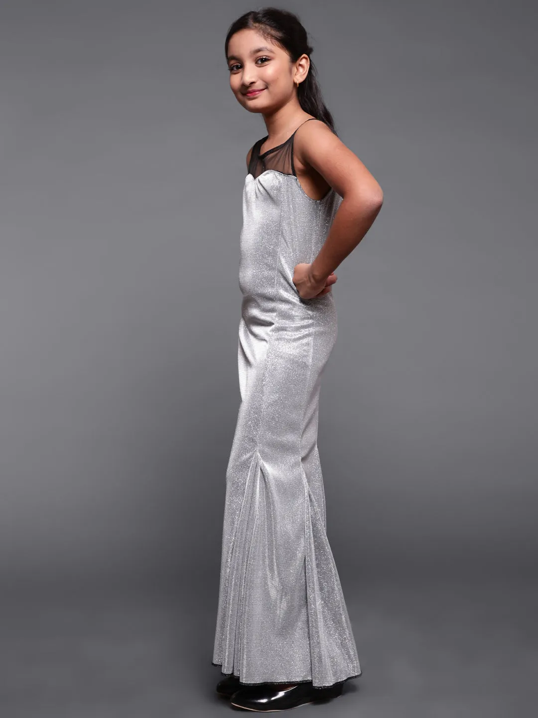 Girl's Silver & Black Embellished Lycra Flared Maxi Dress With Net Yoke - Aks Girls