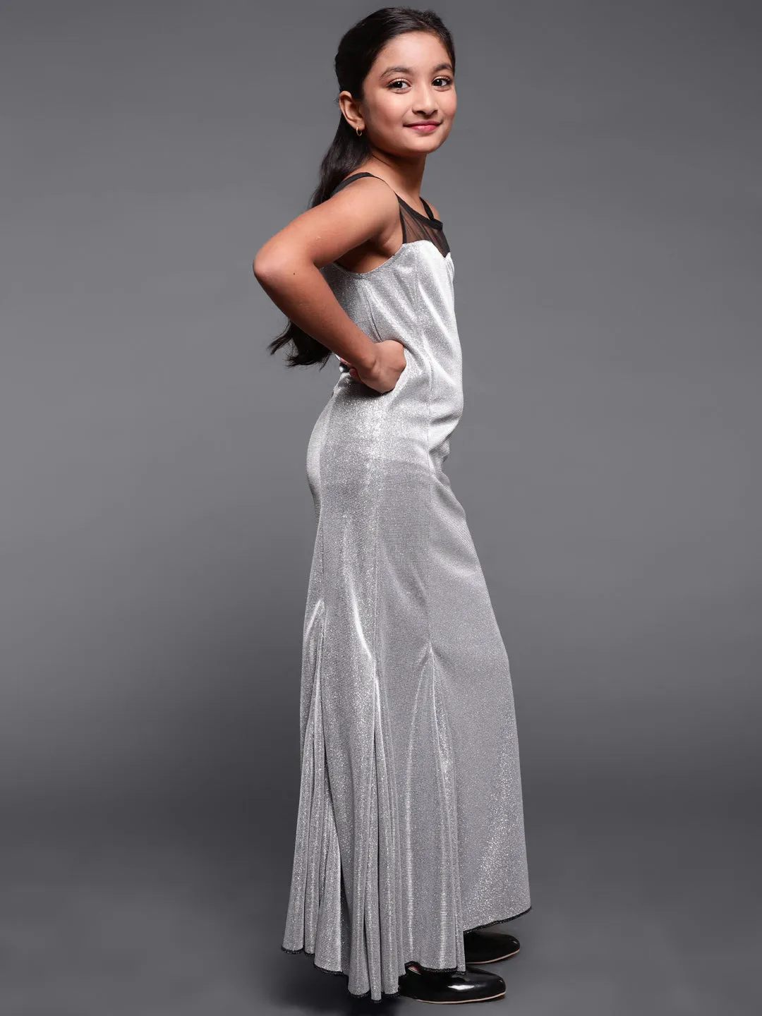 Girl's Silver & Black Embellished Lycra Flared Maxi Dress With Net Yoke - Aks Girls