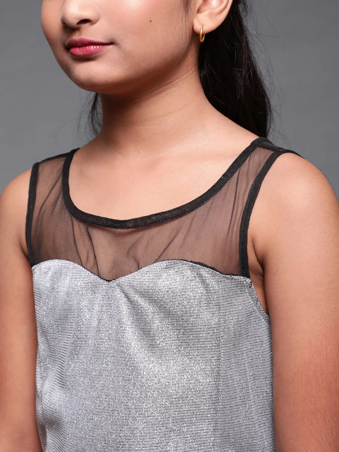 Girl's Silver & Black Embellished Lycra Flared Maxi Dress With Net Yoke - Aks Girls