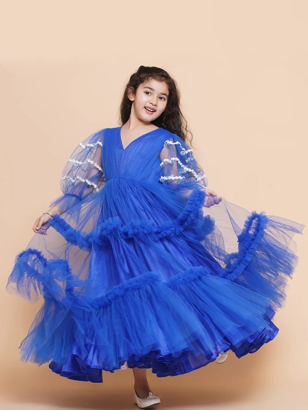Girl's V-Neck Ruffled Detail Net Fit &  Flare Maxi Dress  - Bitiya By Bhama