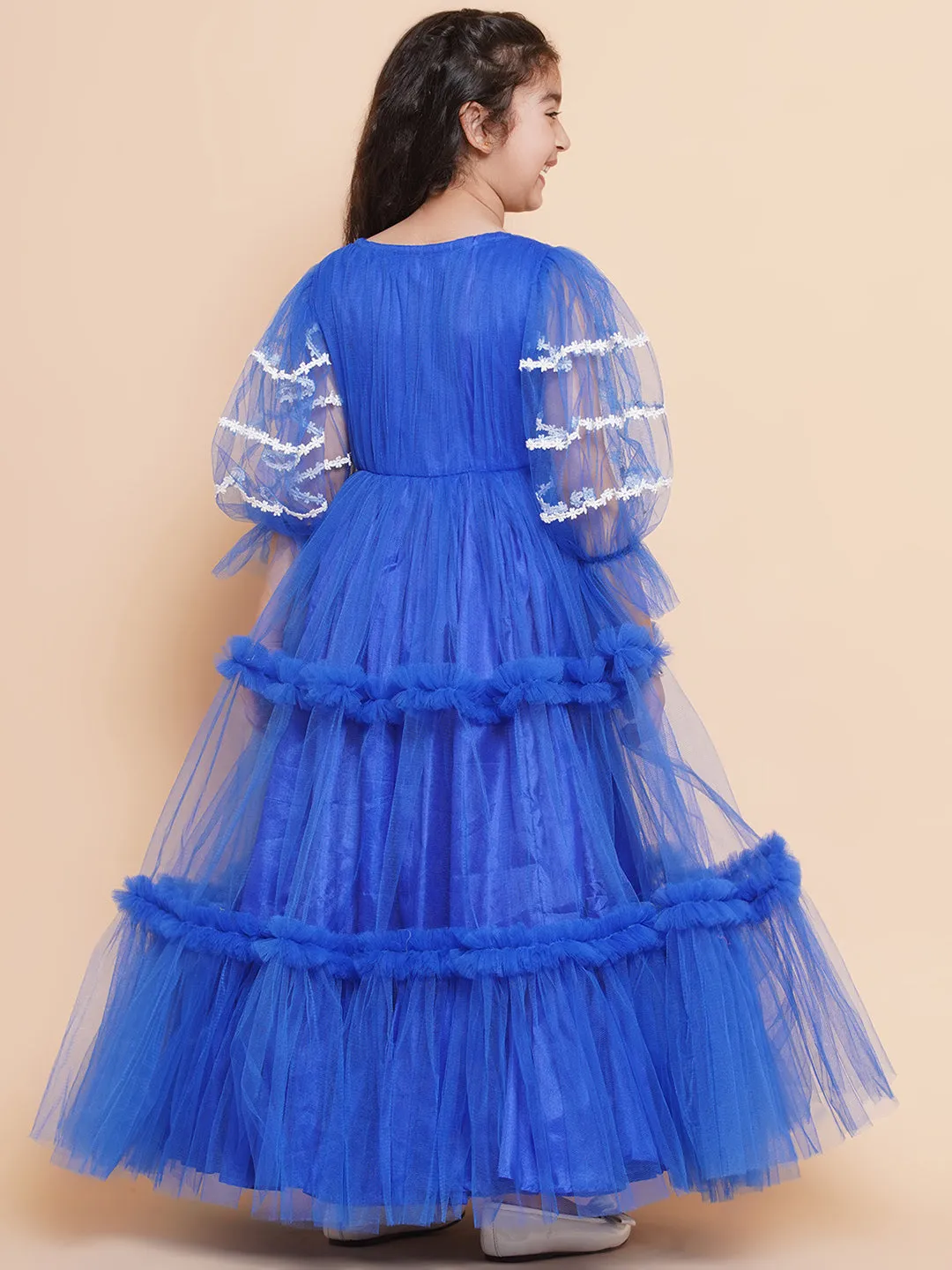 Girl's V-Neck Ruffled Detail Net Fit &  Flare Maxi Dress  - Bitiya By Bhama