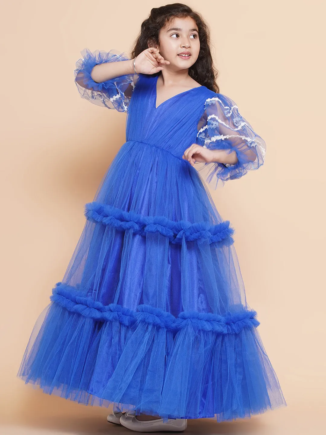 Girl's V-Neck Ruffled Detail Net Fit &  Flare Maxi Dress  - Bitiya By Bhama