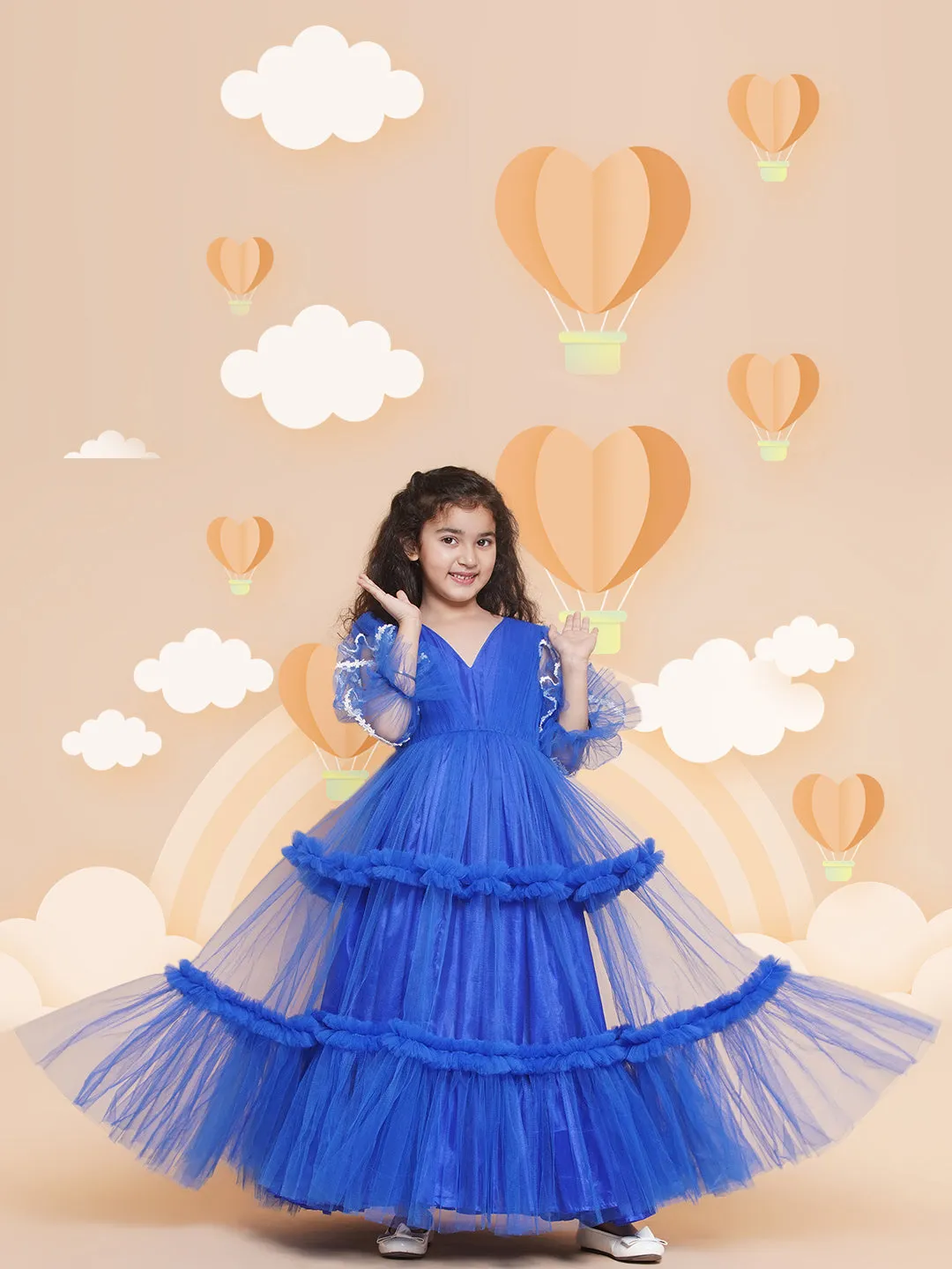 Girl's V-Neck Ruffled Detail Net Fit &  Flare Maxi Dress  - Bitiya By Bhama
