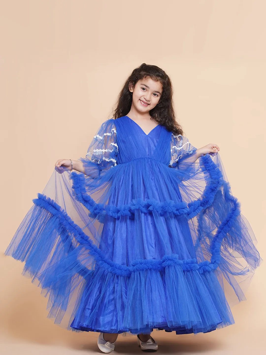 Girl's V-Neck Ruffled Detail Net Fit &  Flare Maxi Dress  - Bitiya By Bhama