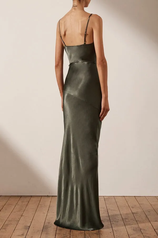 La Lune Bias Cowl Maxi Dress Olive