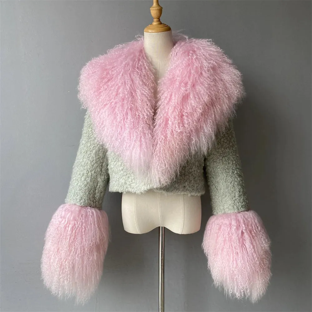 Lenny Real Mongolian Fur Collar Wool Blend Coat