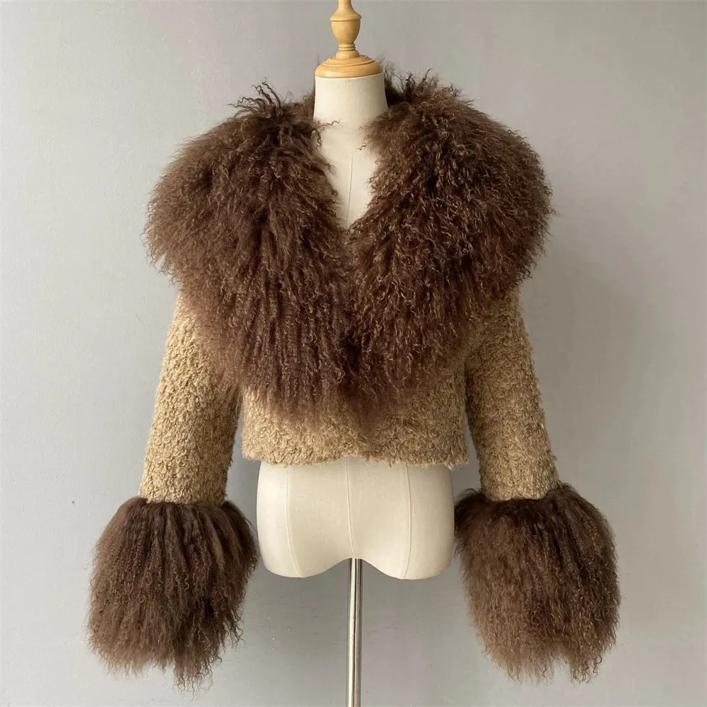 Lenny Real Mongolian Fur Collar Wool Blend Coat