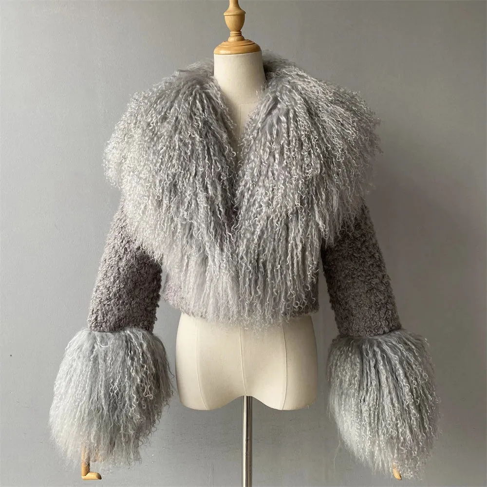 Lenny Real Mongolian Fur Collar Wool Blend Coat
