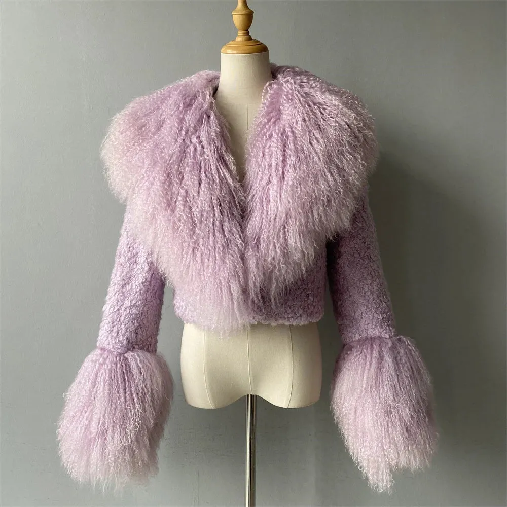 Lenny Real Mongolian Fur Collar Wool Blend Coat