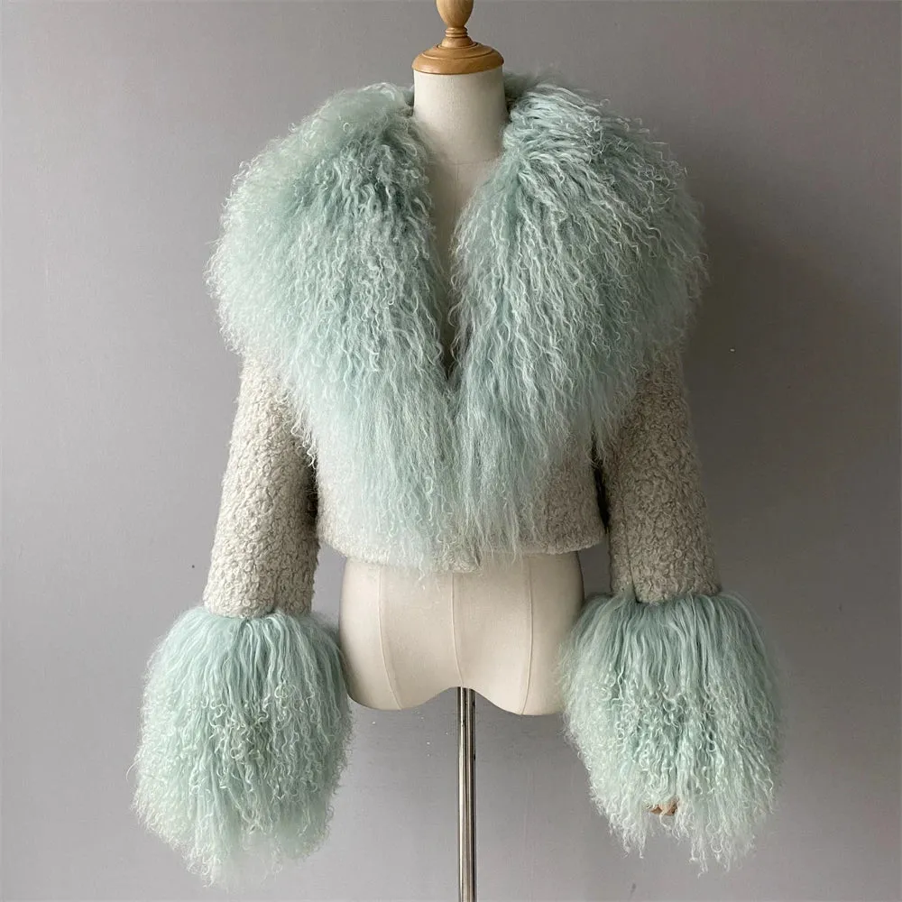 Lenny Real Mongolian Fur Collar Wool Blend Coat