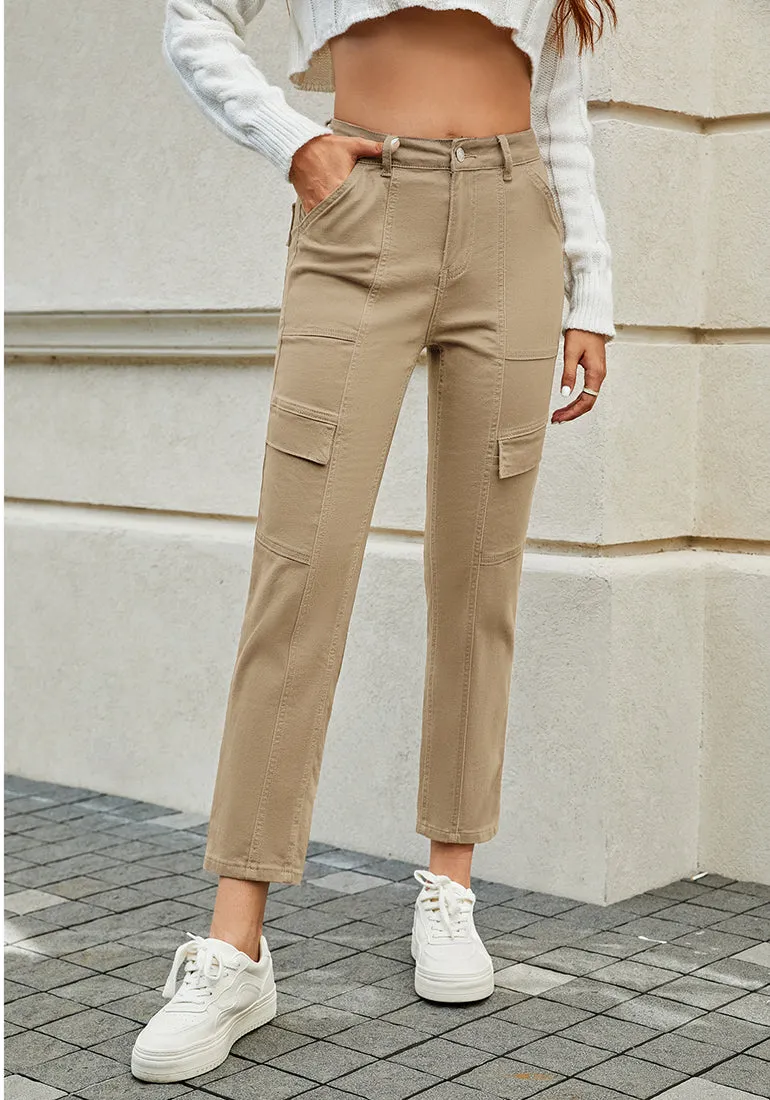 Light Taupe Cargo High Waisted Straight Leg Stretchy Distressed Denim Pants for Women