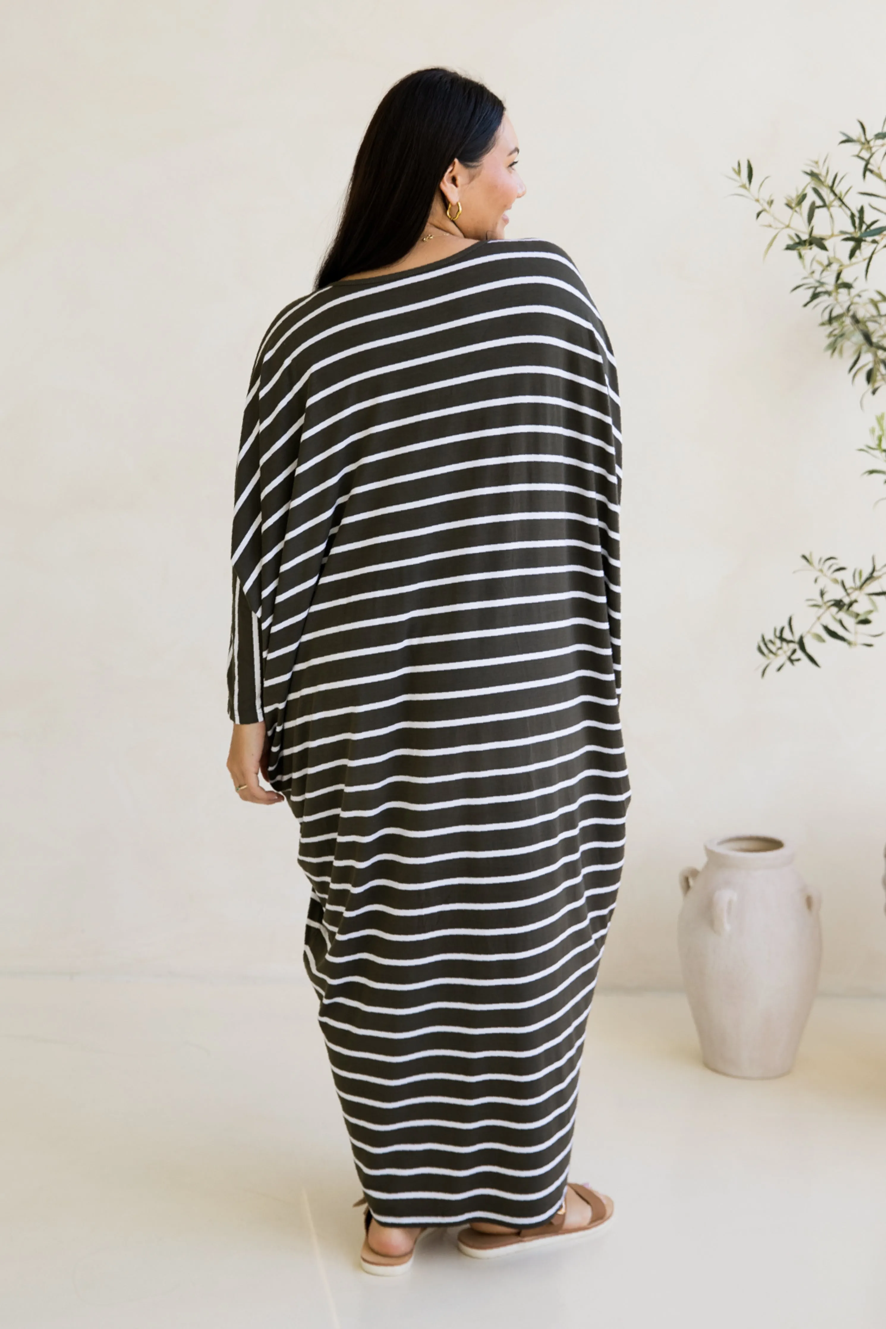 Long Sleeve Maxi Miracle Dress | Moss Green/White Stripe