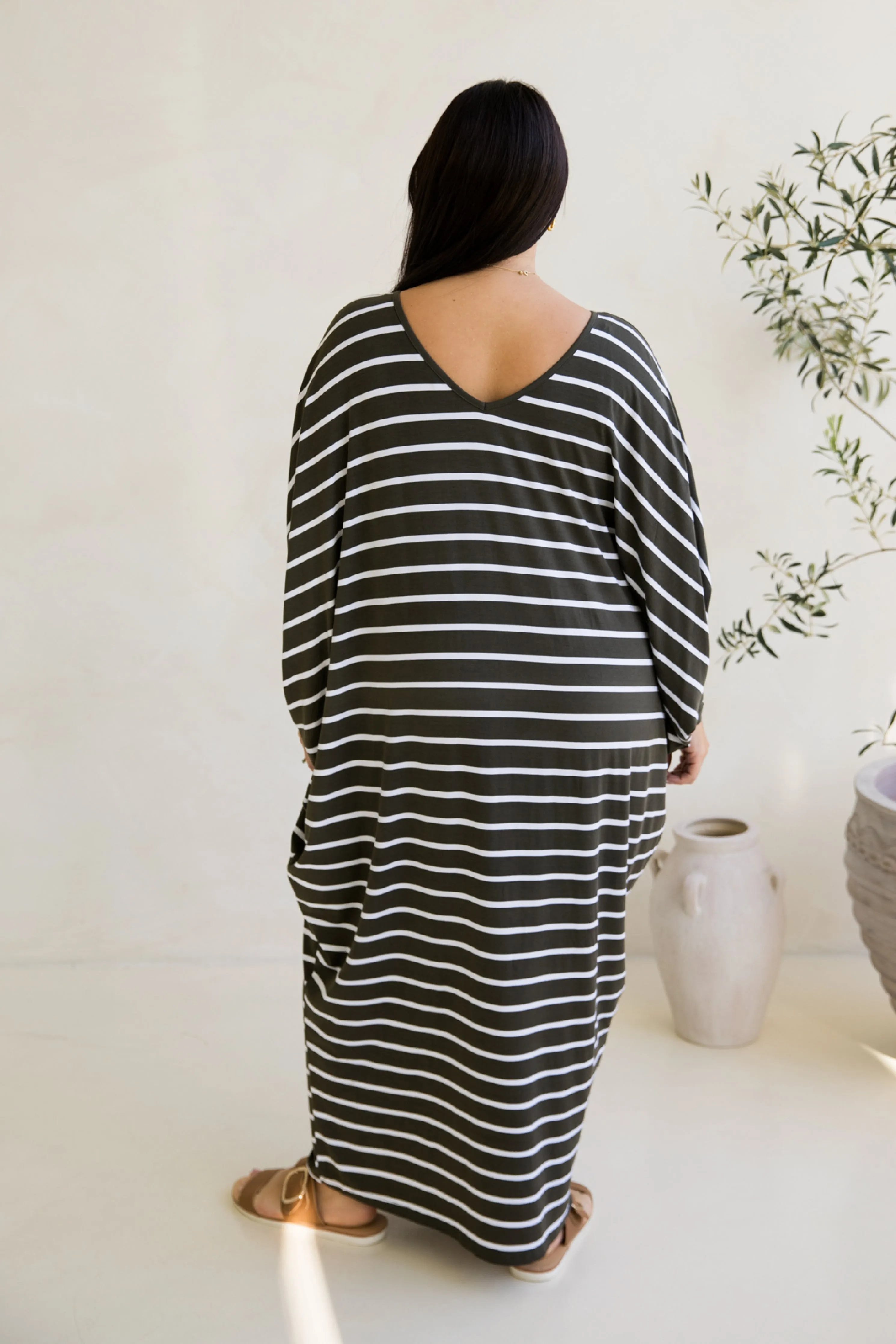 Long Sleeve Maxi Miracle Dress | Moss Green/White Stripe