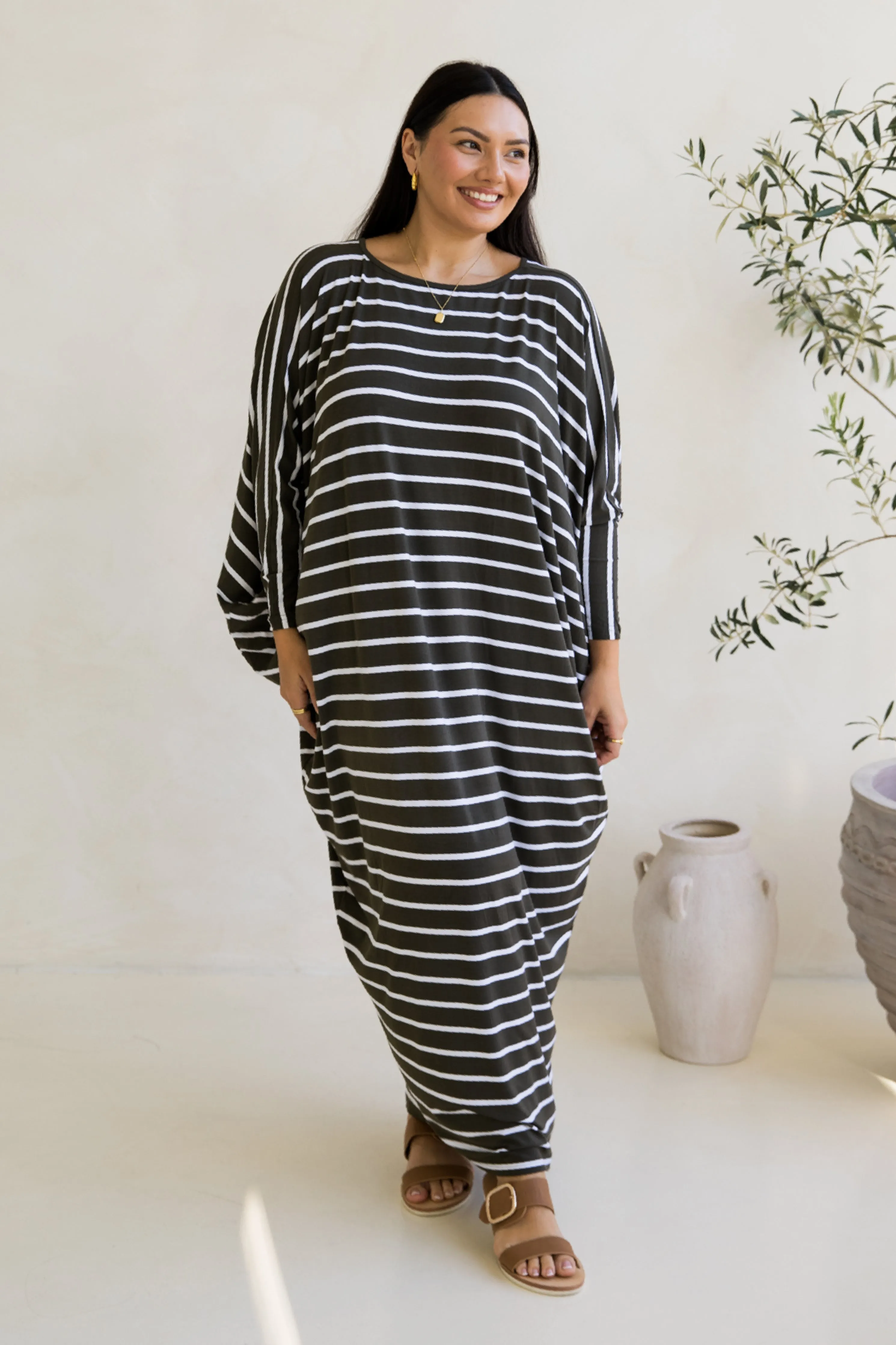 Long Sleeve Maxi Miracle Dress | Moss Green/White Stripe