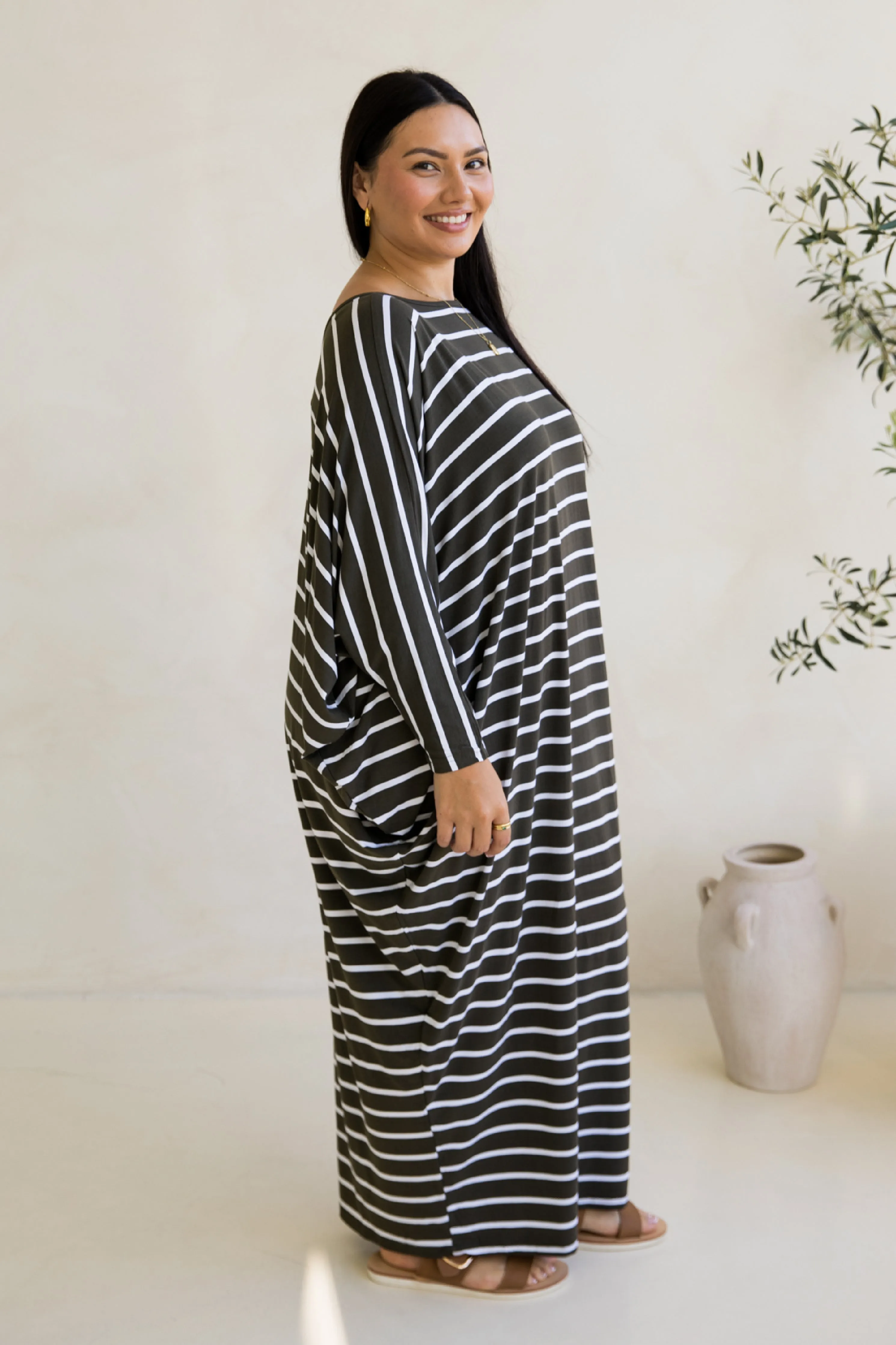 Long Sleeve Maxi Miracle Dress | Moss Green/White Stripe