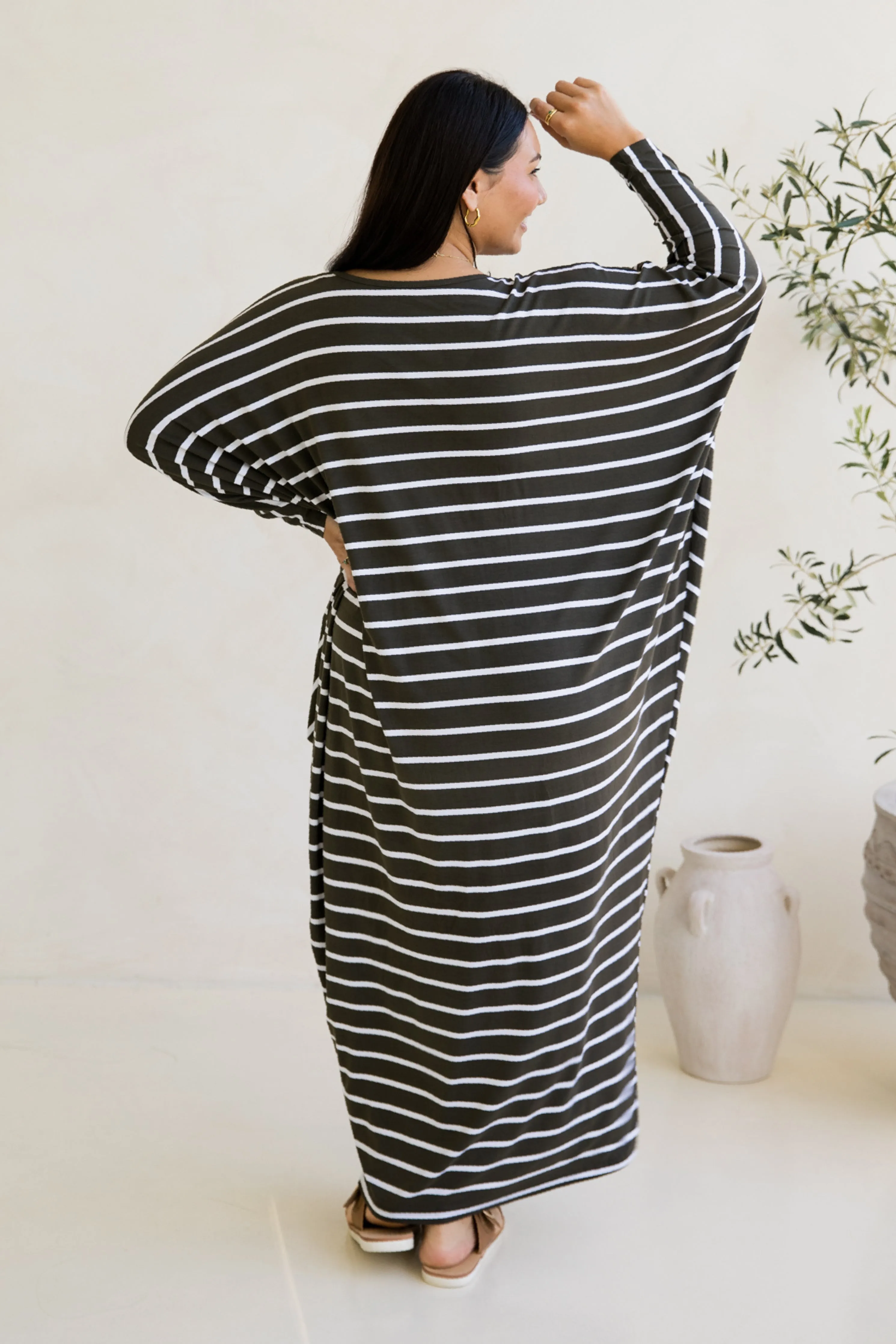Long Sleeve Maxi Miracle Dress | Moss Green/White Stripe