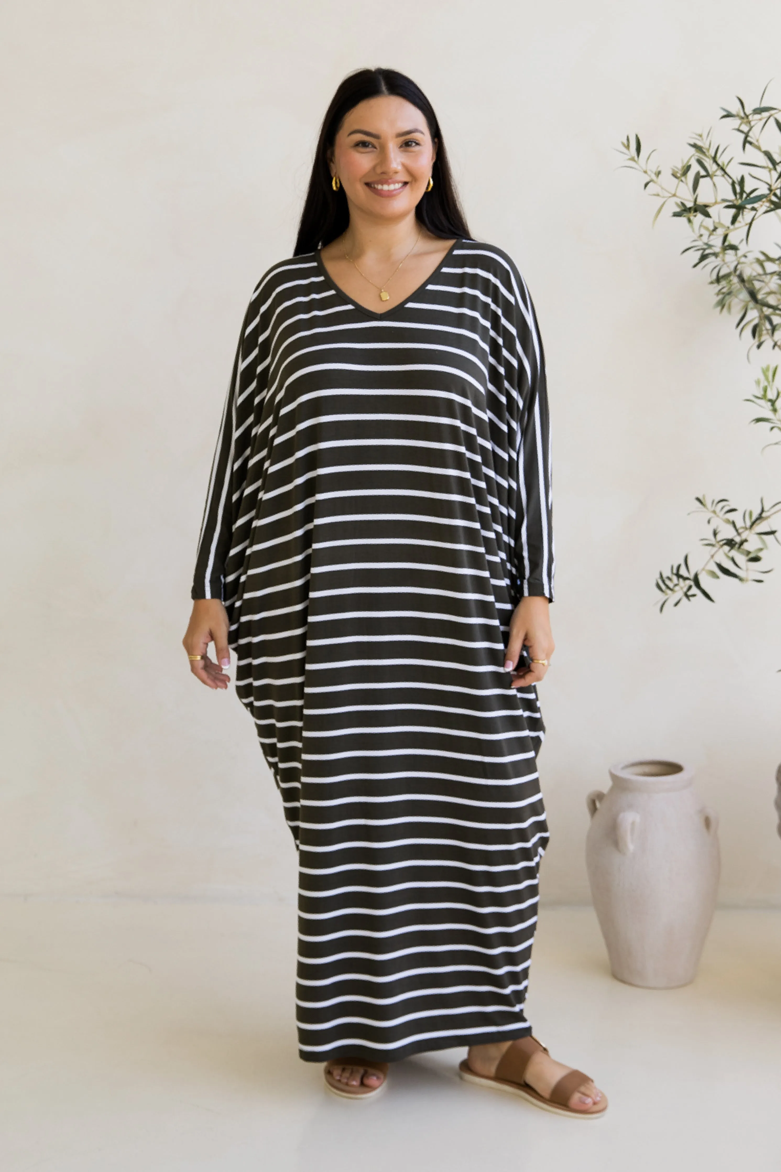 Long Sleeve Maxi Miracle Dress | Moss Green/White Stripe