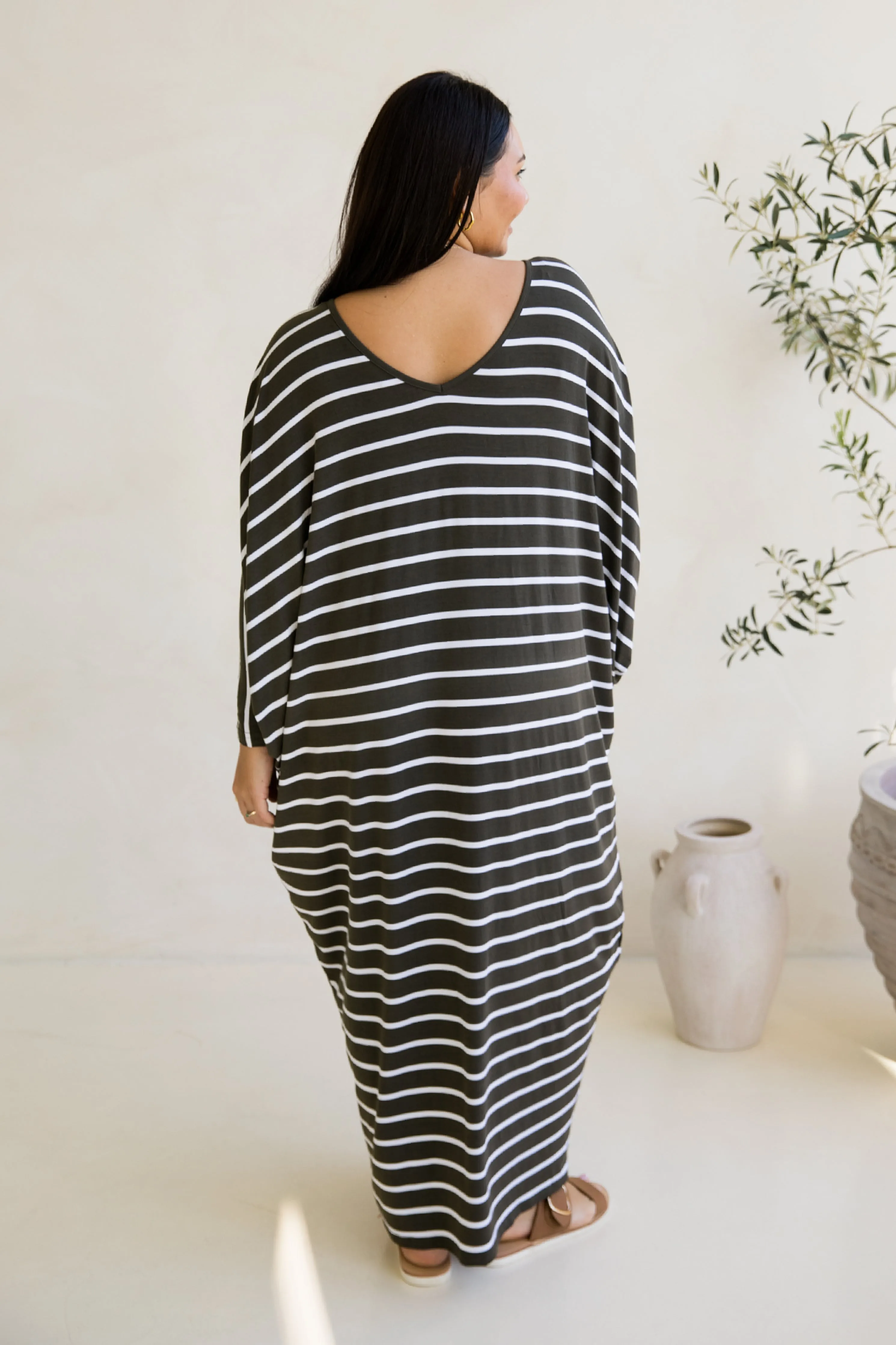 Long Sleeve Maxi Miracle Dress | Moss Green/White Stripe
