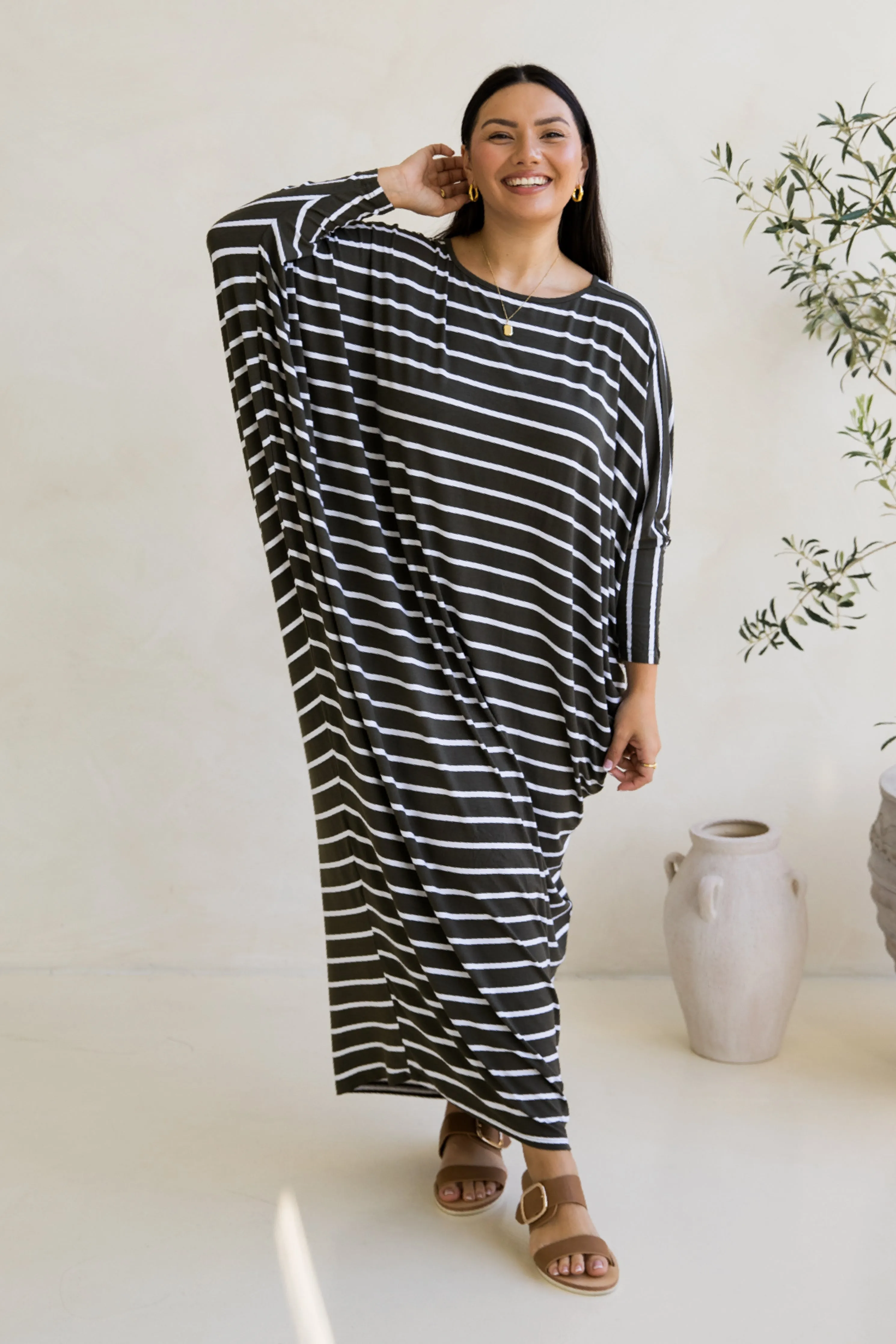 Long Sleeve Maxi Miracle Dress | Moss Green/White Stripe