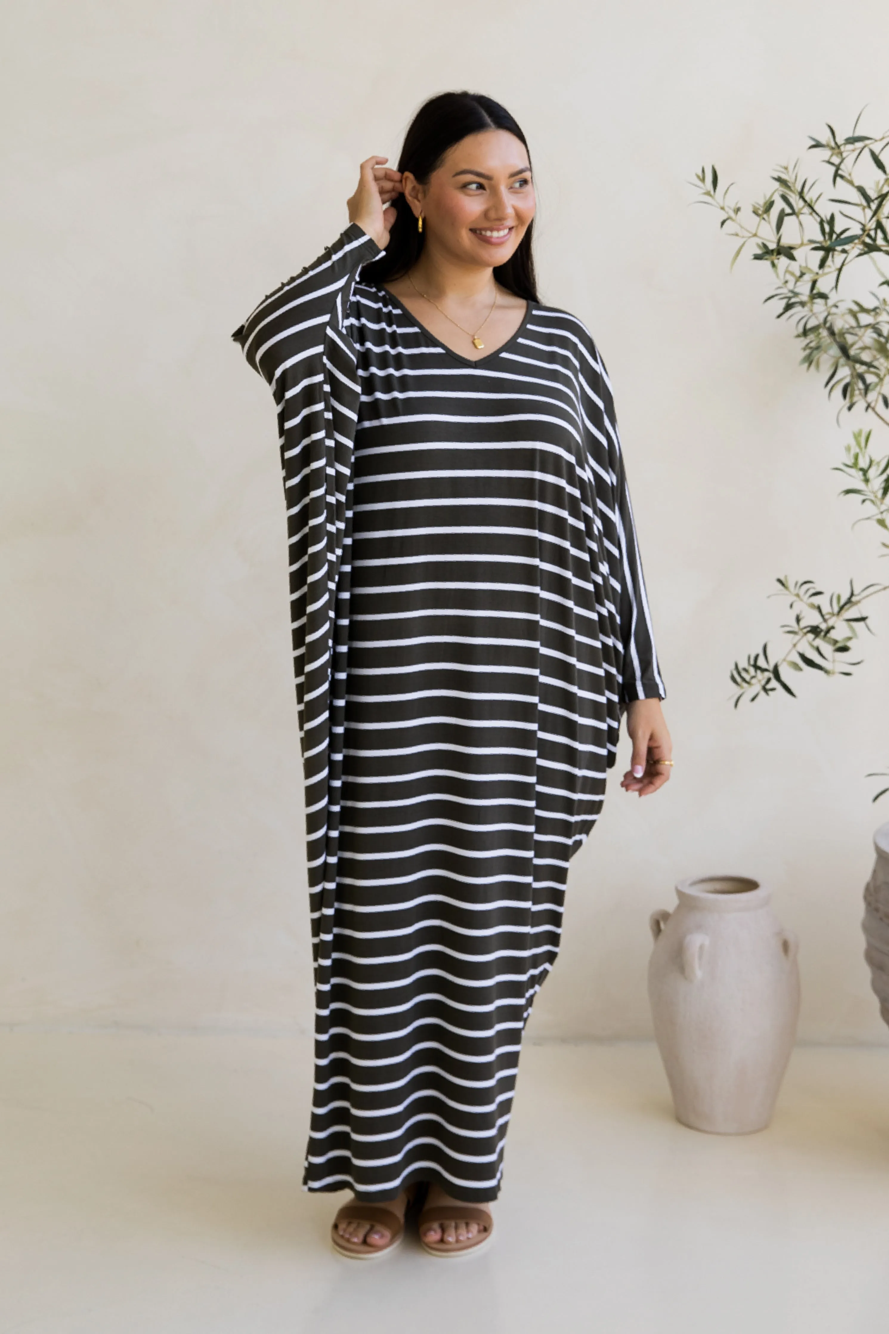 Long Sleeve Maxi Miracle Dress | Moss Green/White Stripe