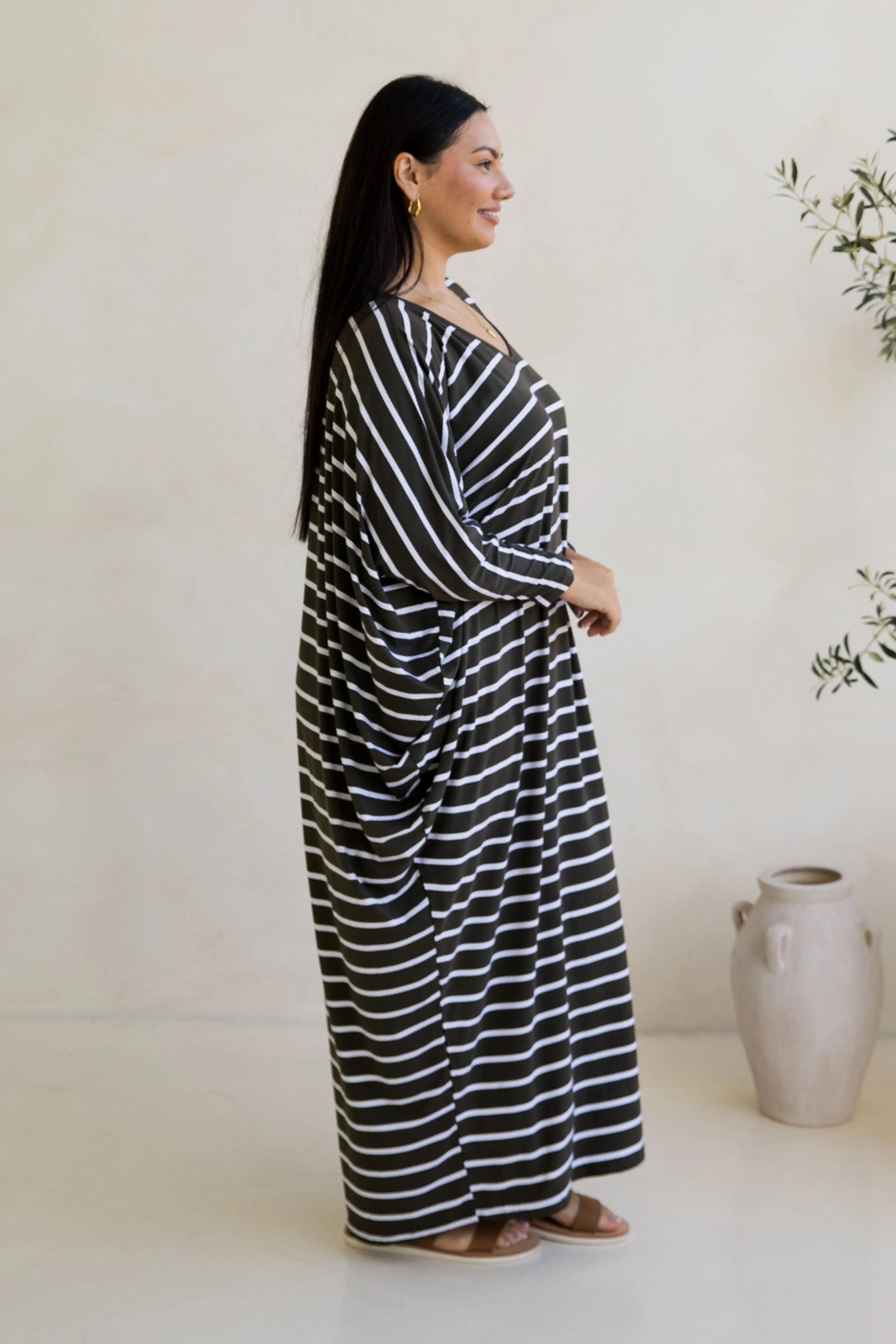 Long Sleeve Maxi Miracle Dress | Moss Green/White Stripe