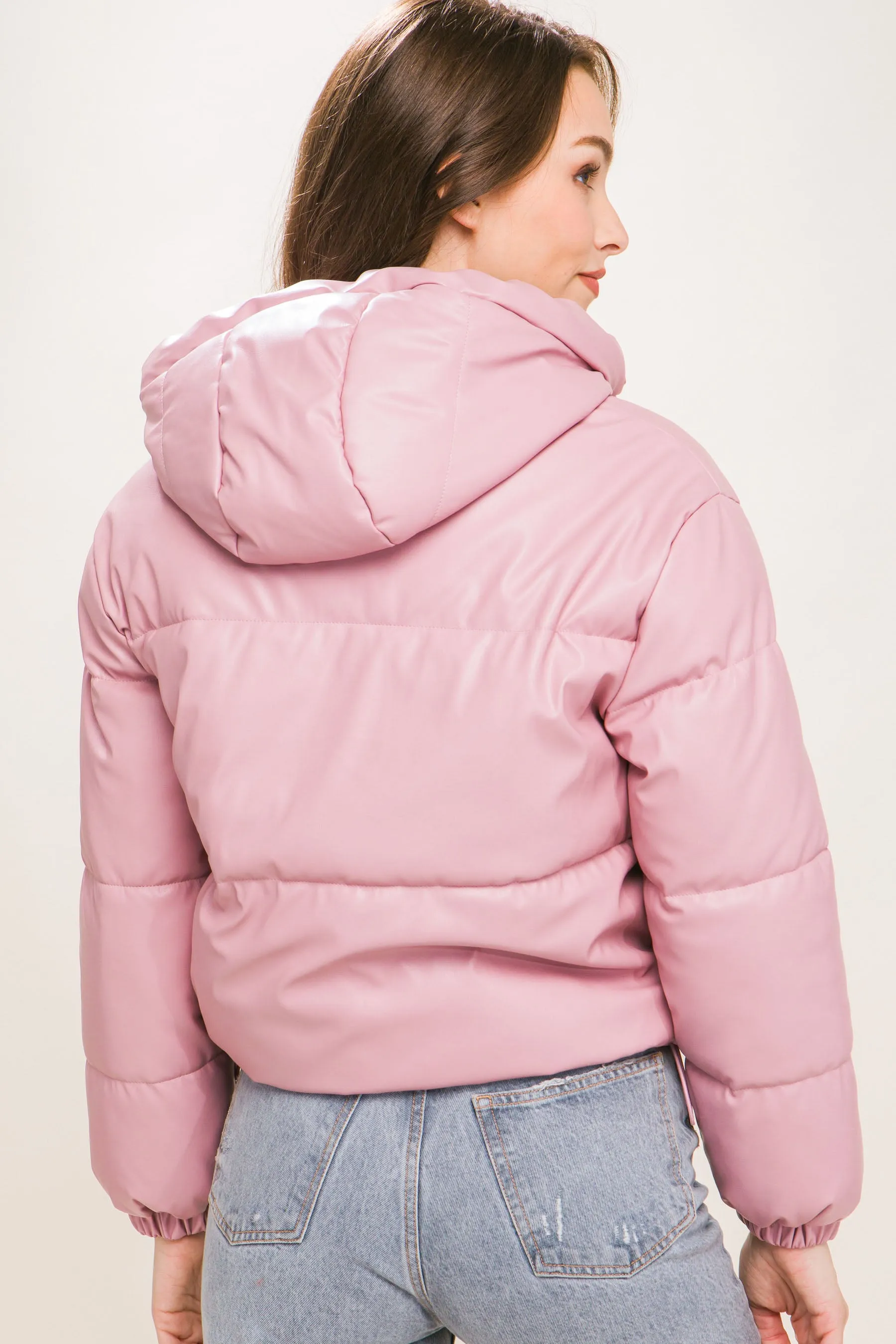 Pink PU Faux Leather Hooded Puffer Jacket – Bold & Cozy Style by Fashion M&J