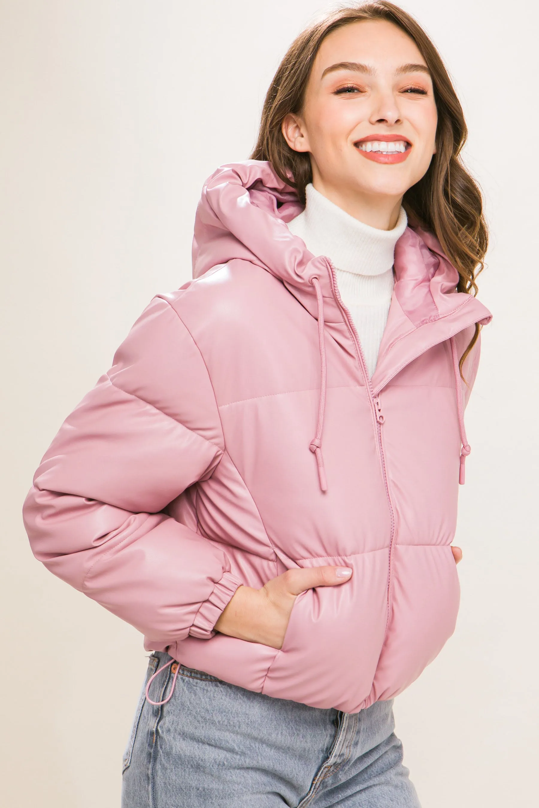 Pink PU Faux Leather Hooded Puffer Jacket – Bold & Cozy Style by Fashion M&J