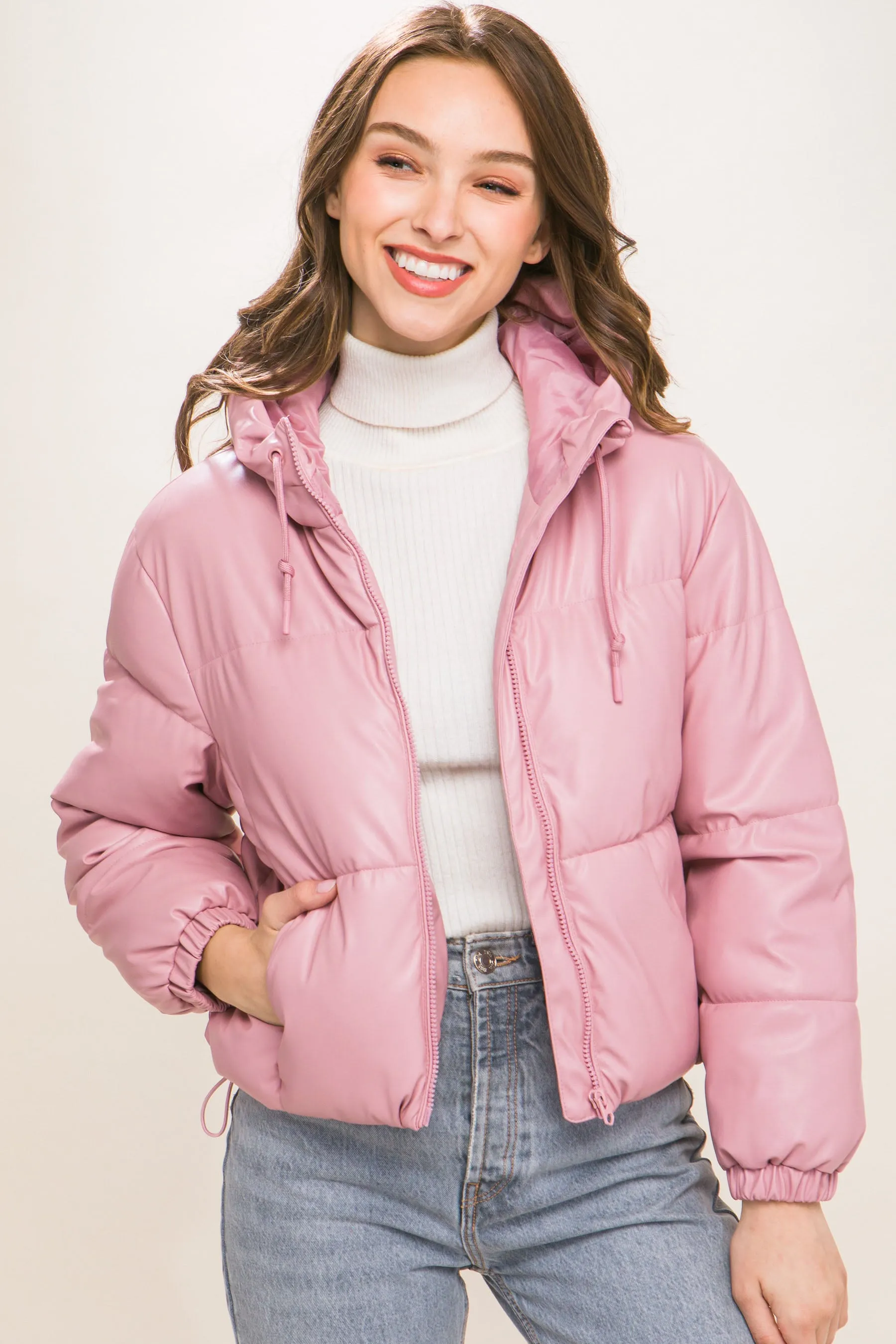 Pink PU Faux Leather Hooded Puffer Jacket – Bold & Cozy Style by Fashion M&J