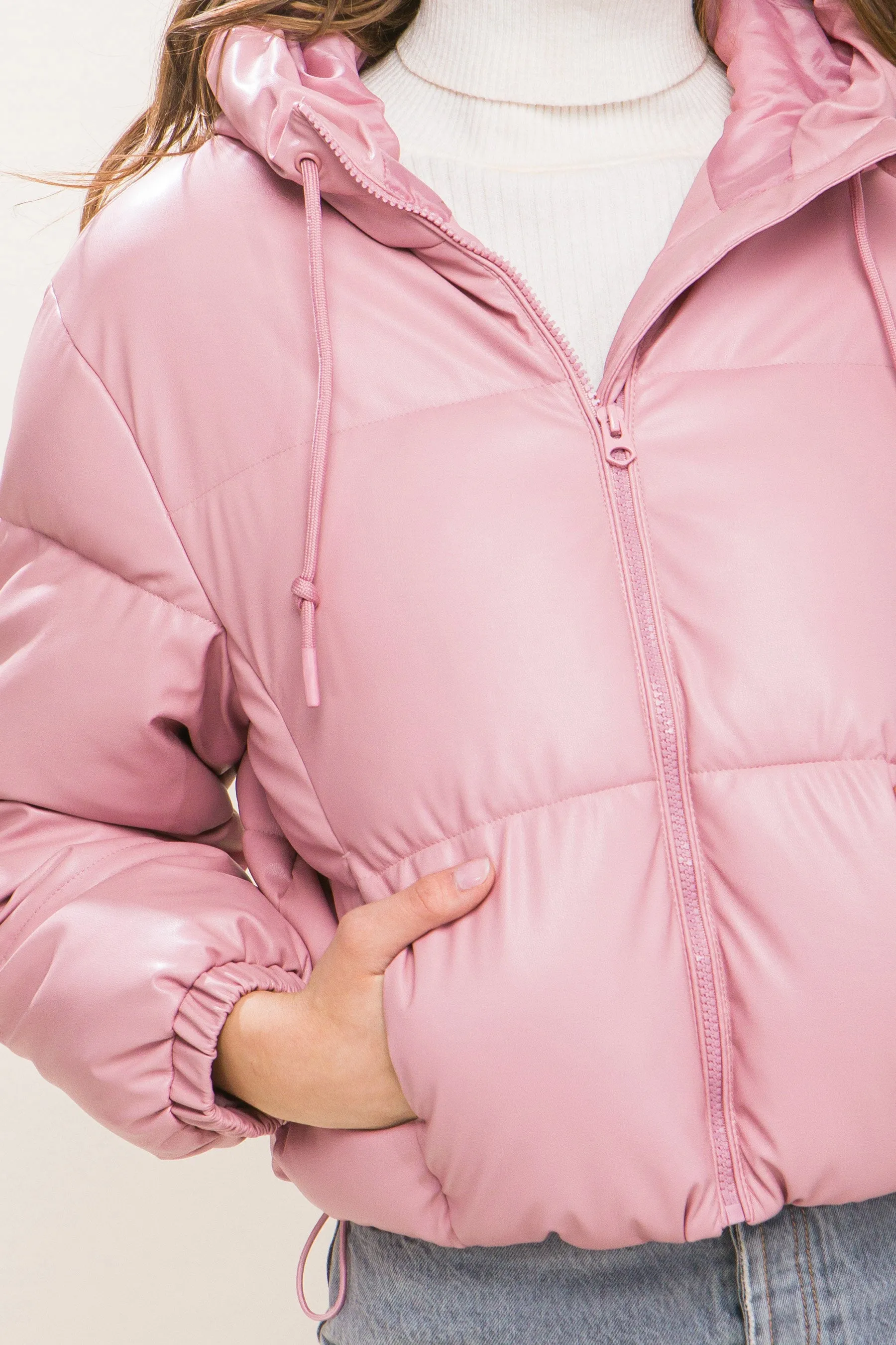 Pink PU Faux Leather Hooded Puffer Jacket – Bold & Cozy Style by Fashion M&J