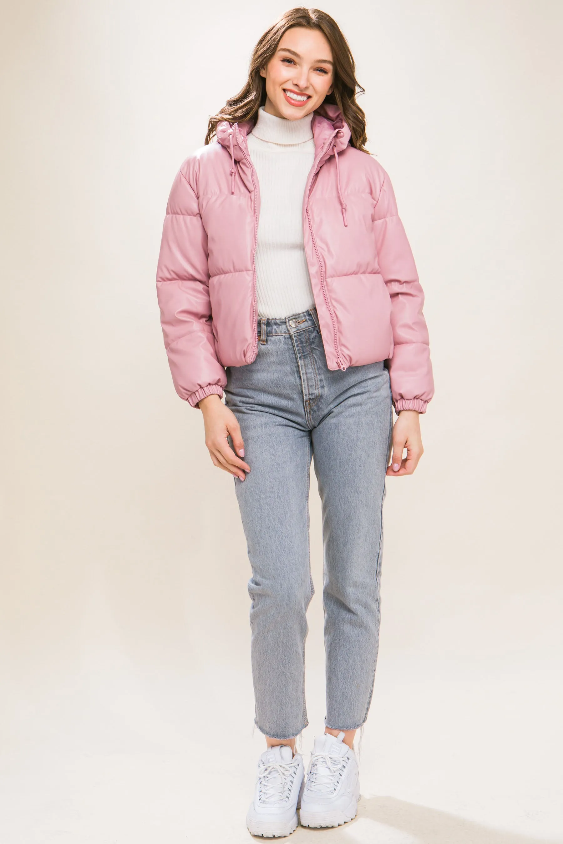 Pink PU Faux Leather Hooded Puffer Jacket – Bold & Cozy Style by Fashion M&J