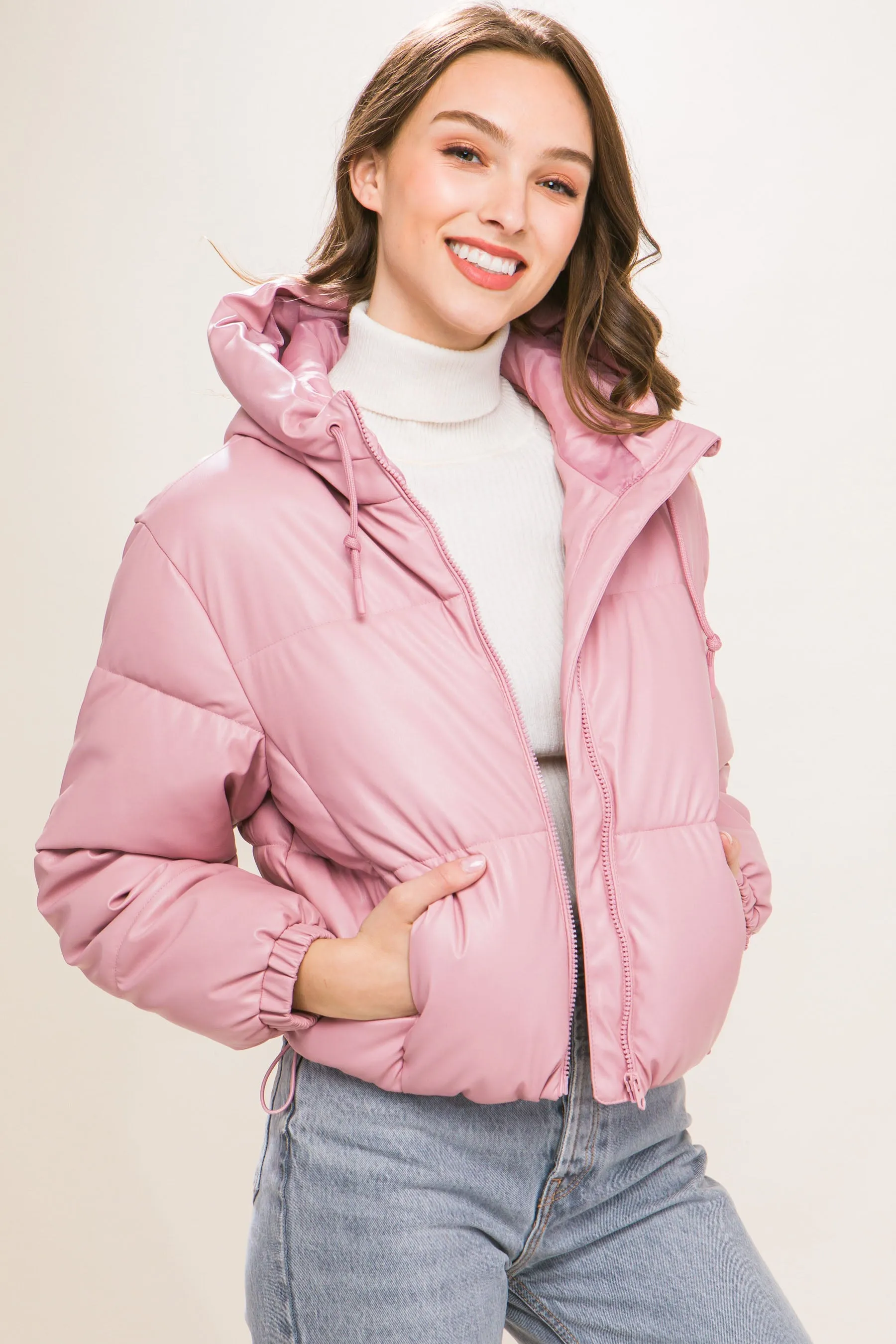 Pink PU Faux Leather Hooded Puffer Jacket – Bold & Cozy Style by Fashion M&J