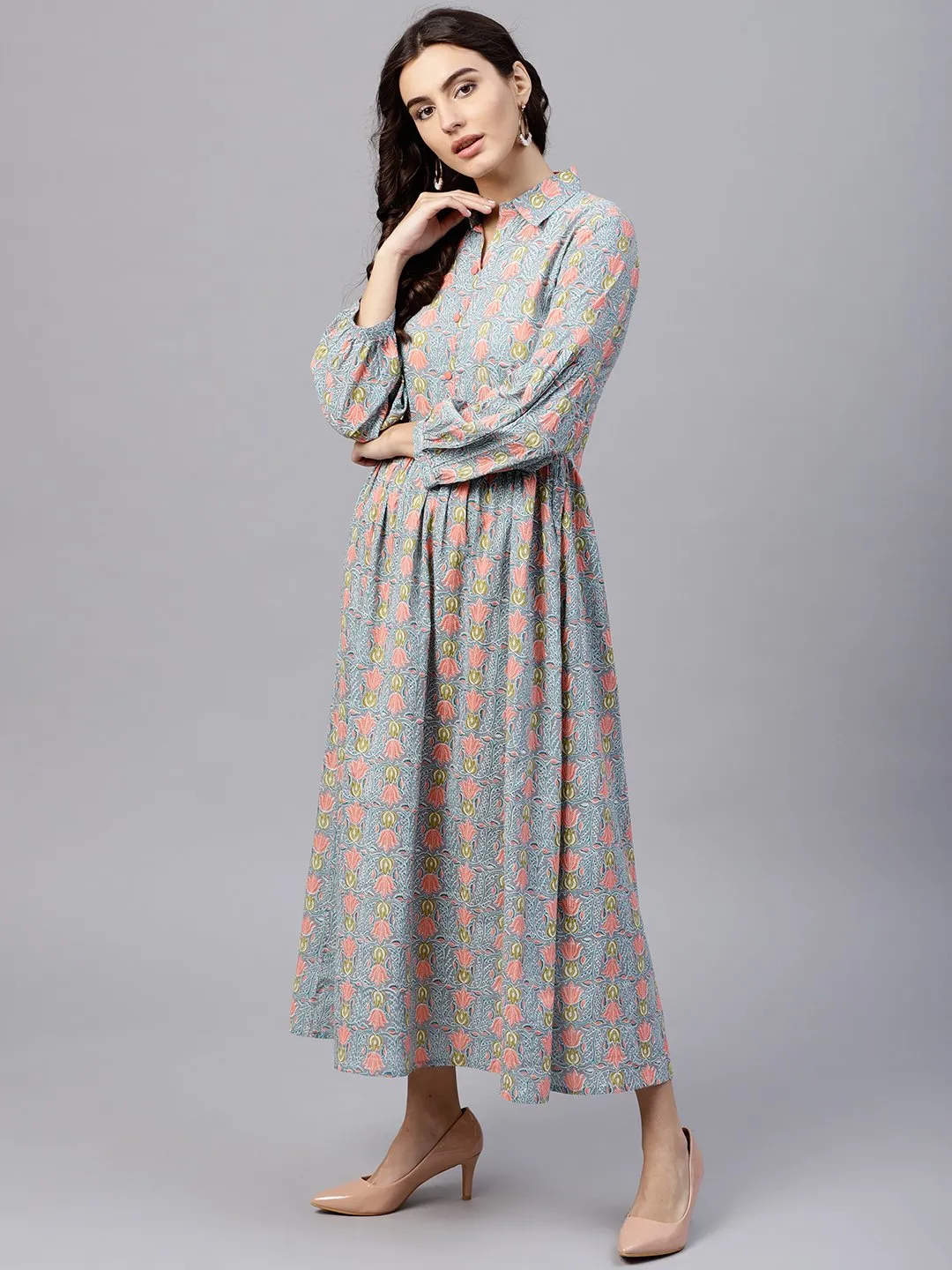 Powder Blue Printed Maxi Dress With Shirt Collar And Full Sleeves