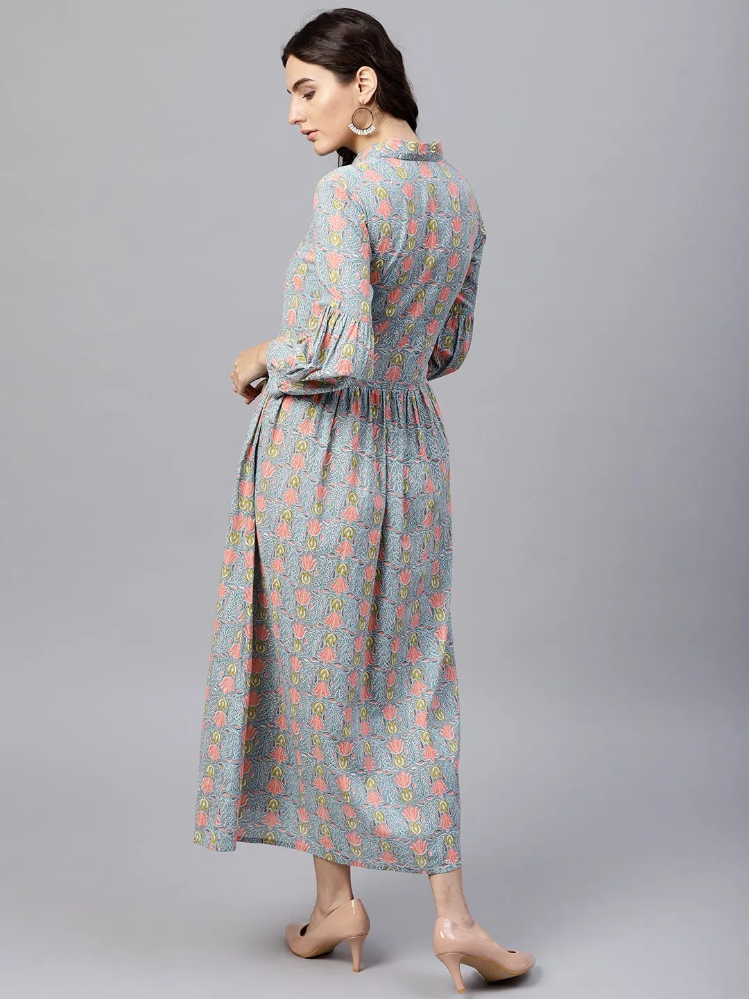 Powder Blue Printed Maxi Dress With Shirt Collar And Full Sleeves